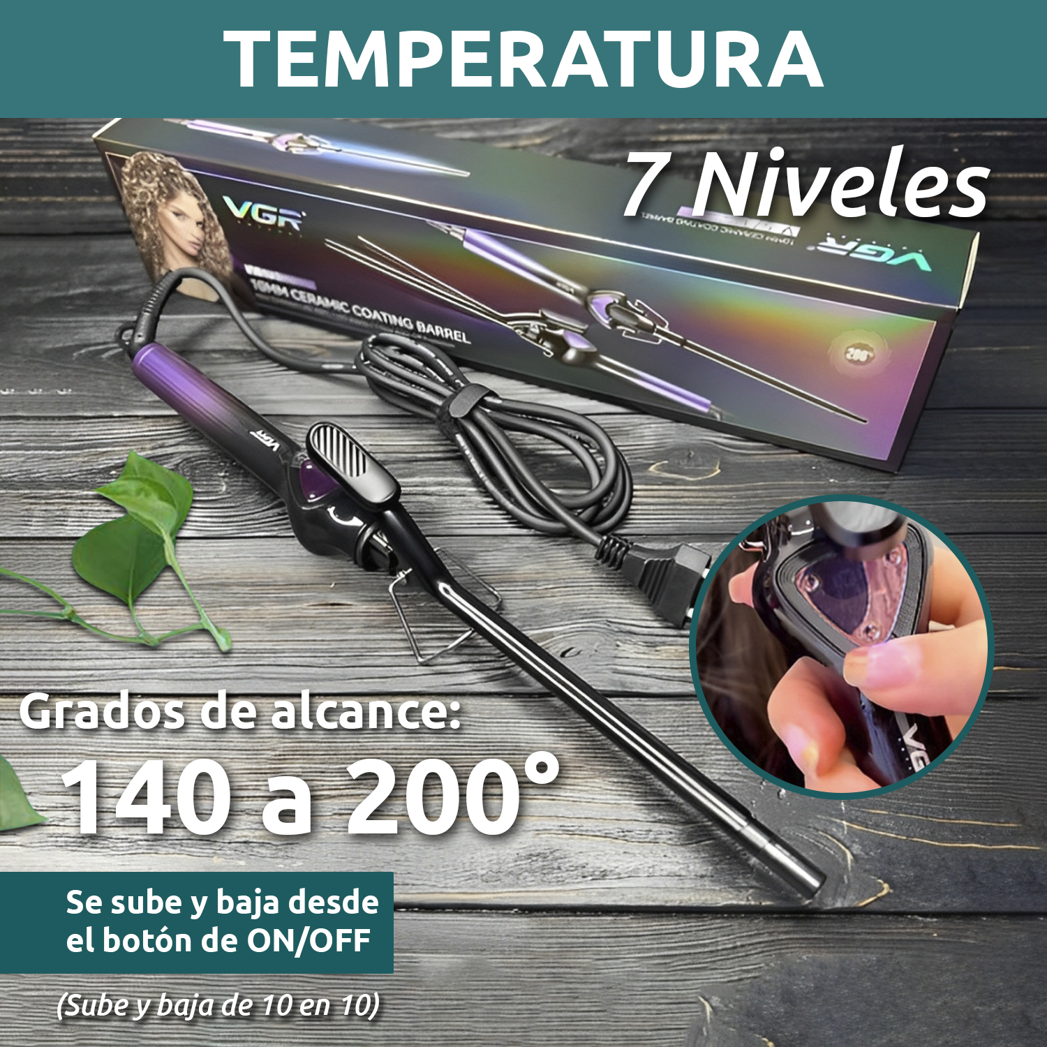 Rizador Buclera VGR V-573 Cerámica Pro 200°C 7 Niveles Led Color Violeta - Image 4