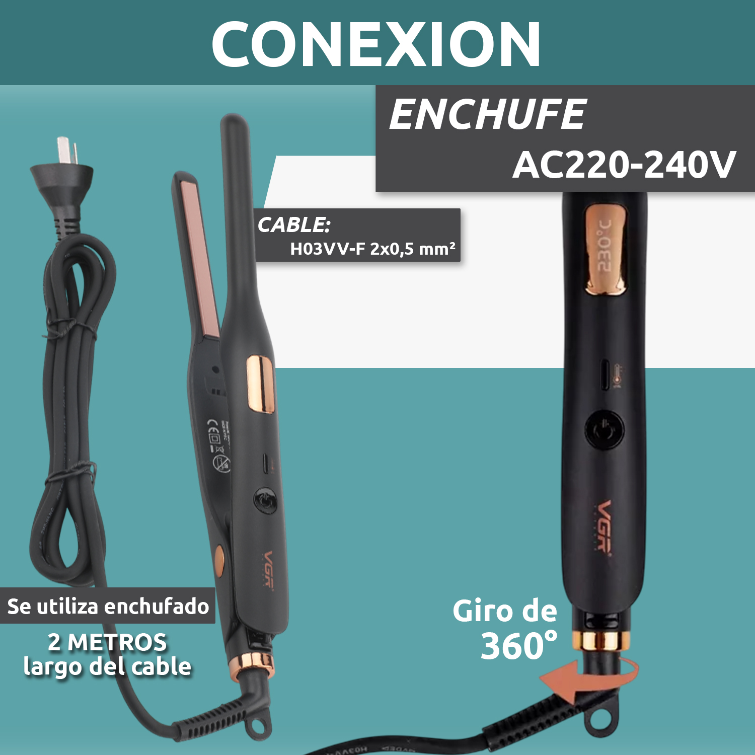 Planchita Mini Pelo Lacio Bucle Corto VGR V-523 Cerámica Color Negro - Image 8