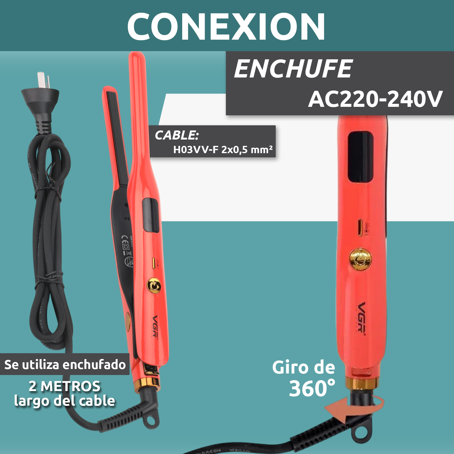 Planchita Mini Pelo Lacio Bucle Corto VGR V-523 Cerámica Color Rojo - Image 8