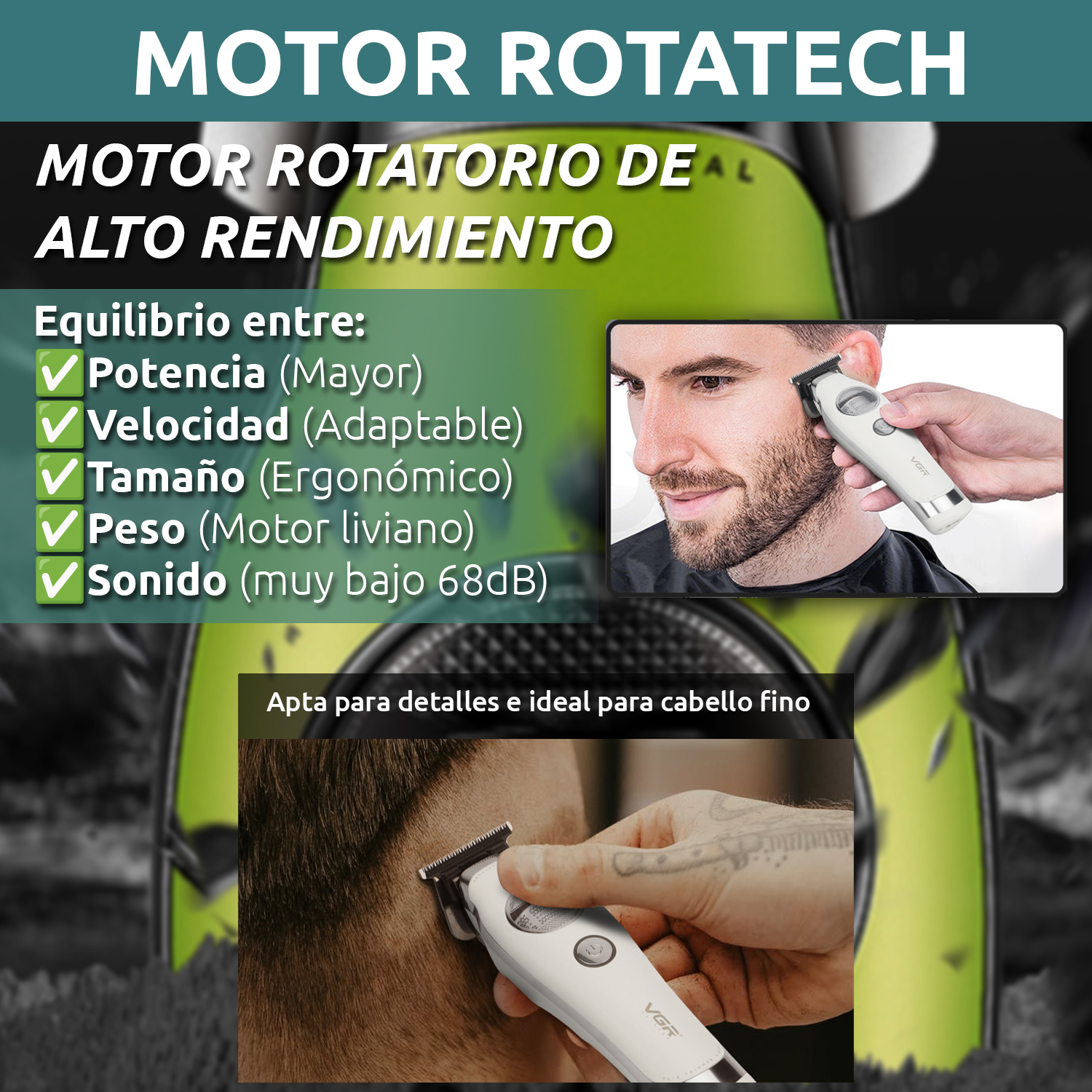 Maquina de cortar Pelo Patillera Trimmer Vgr V-880t Rotatech Bldc 7200RPM Color Negro - Image 3