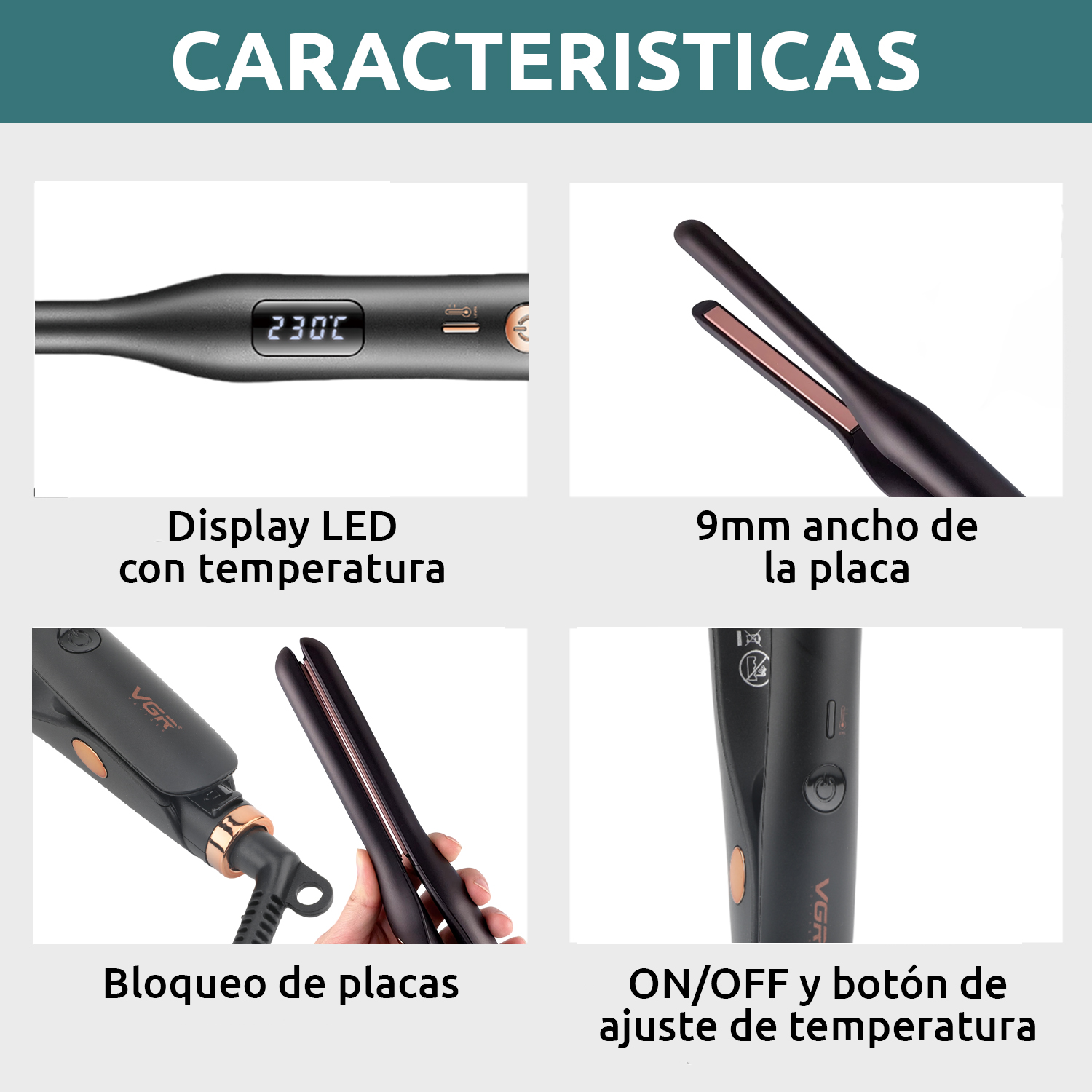 Planchita Mini Pelo Lacio Bucle Corto VGR V-523 Cerámica Color Negro - Image 7