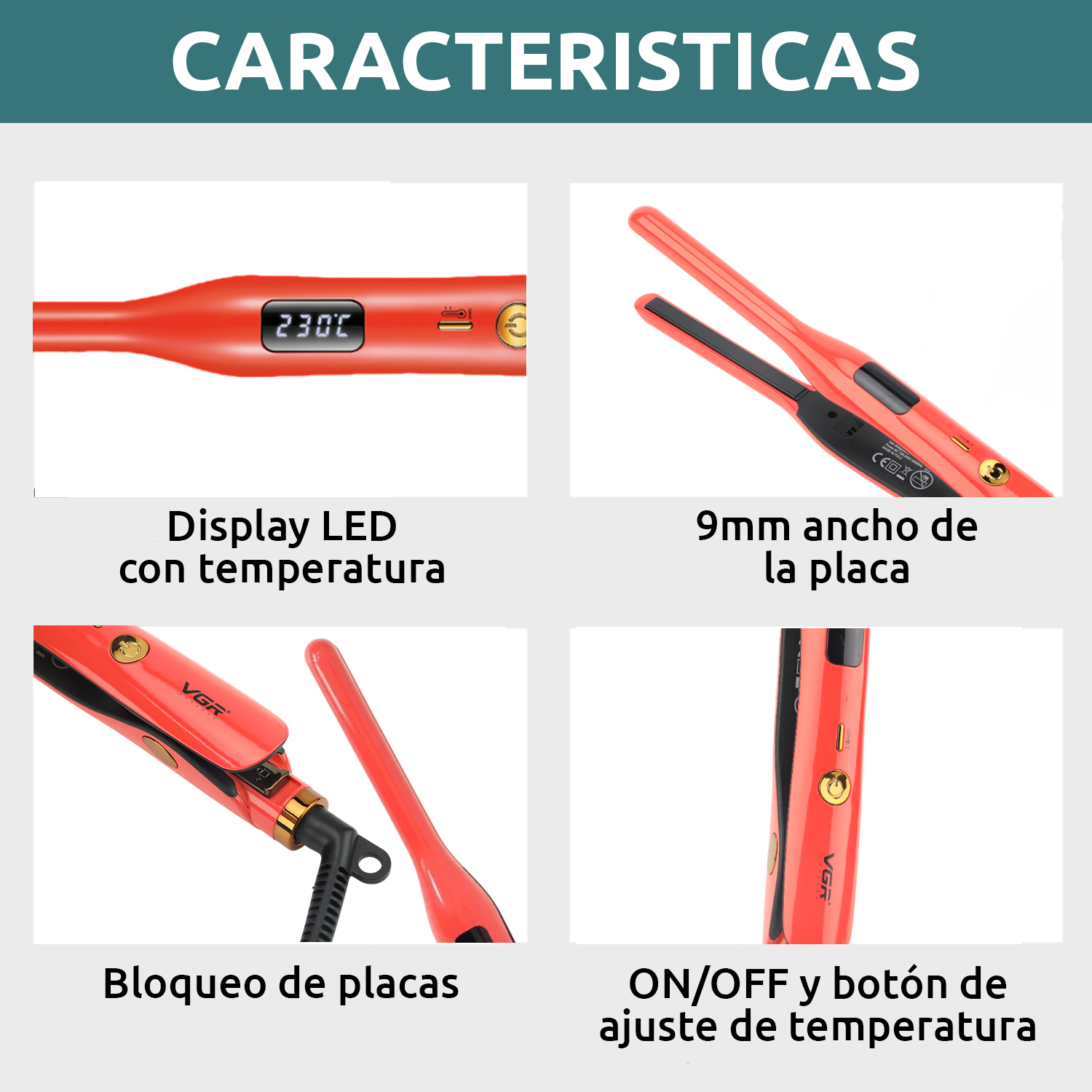 Planchita Mini Pelo Lacio Bucle Corto VGR V-523 Cerámica Color Rojo - Image 7