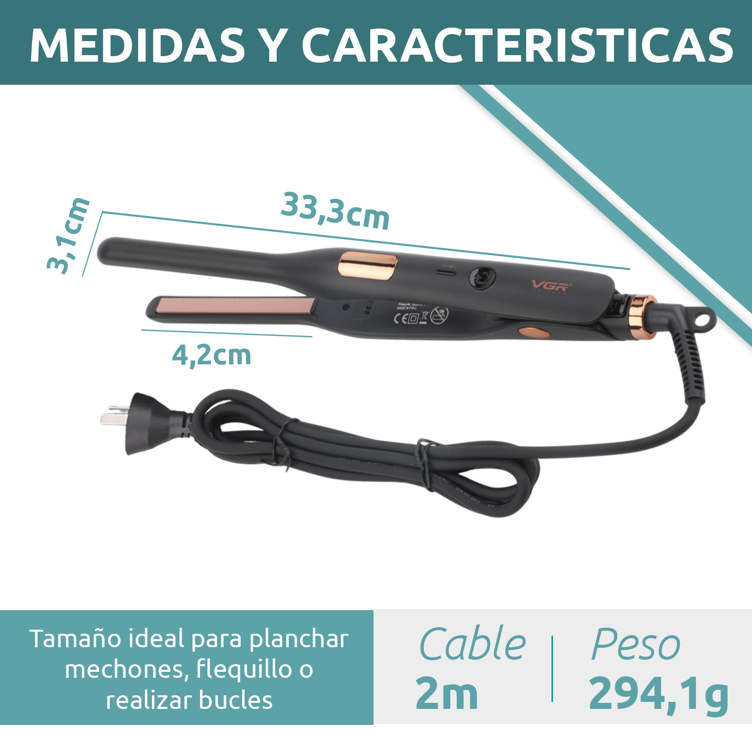 Planchita Mini Pelo Lacio Bucle Corto VGR V-523 Cerámica Color Negro - Image 9