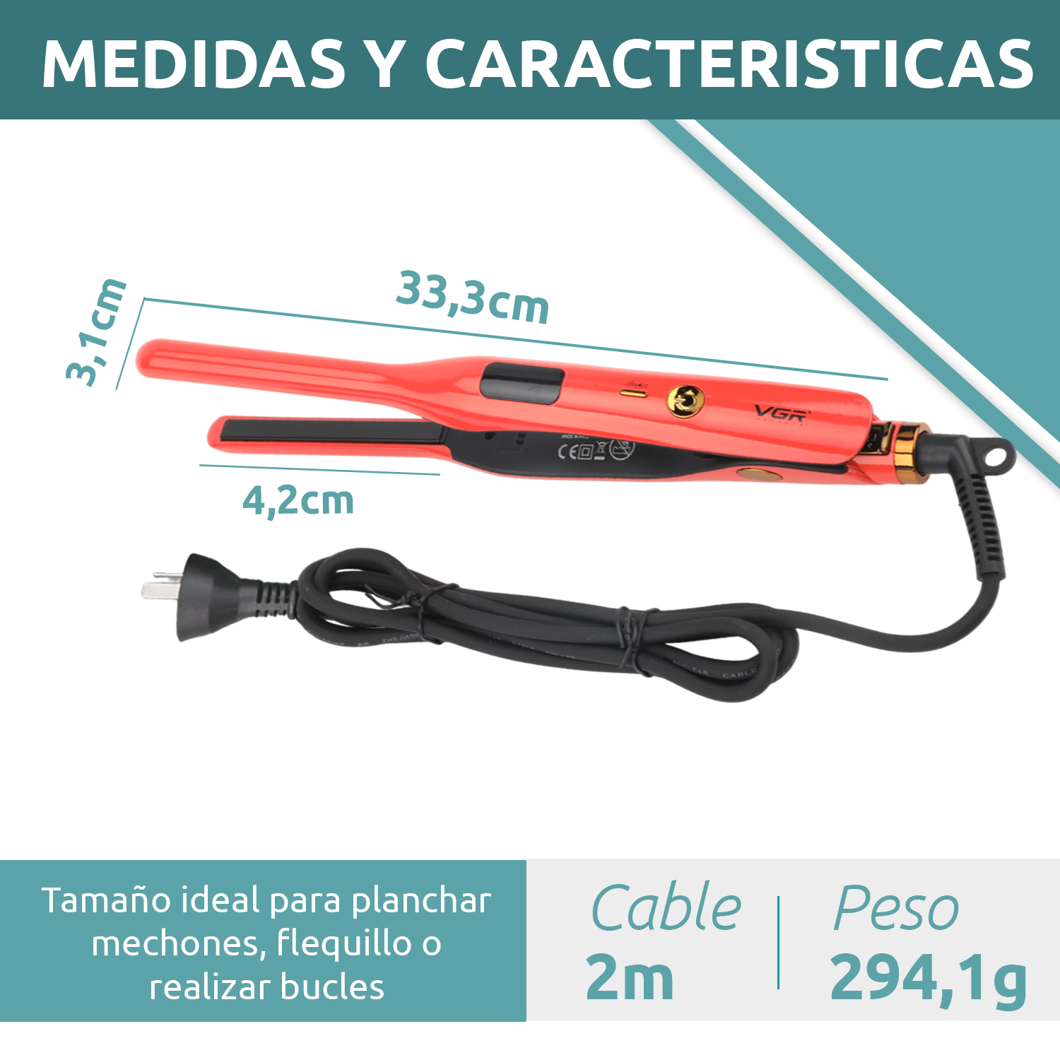 Planchita Mini Pelo Lacio Bucle Corto VGR V-523 Cerámica Color Rojo - Image 9