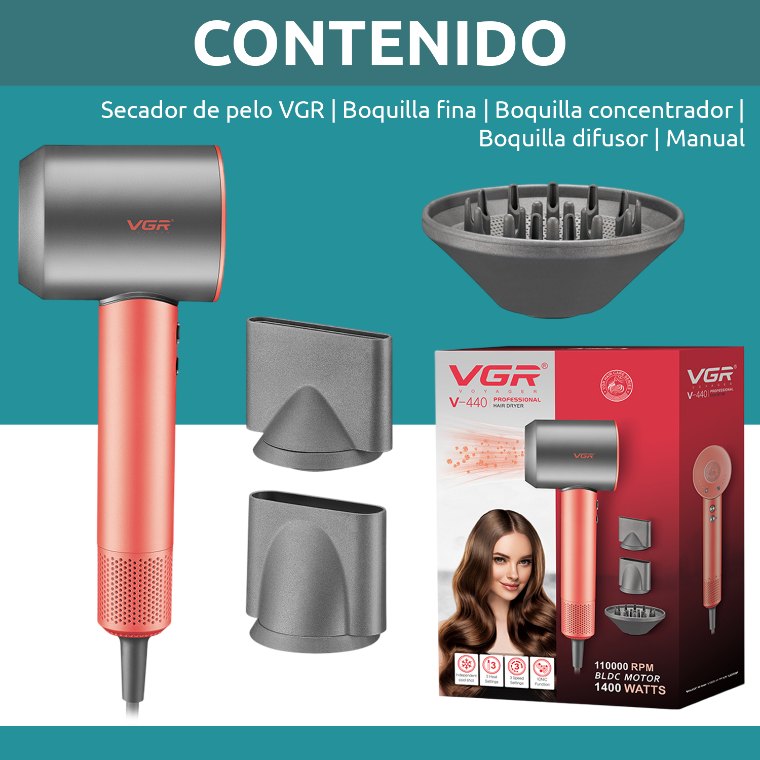 Secador De Pelo Profesional VGR V-440 Iónico 1400w BLDC Color Rojo - Image 9