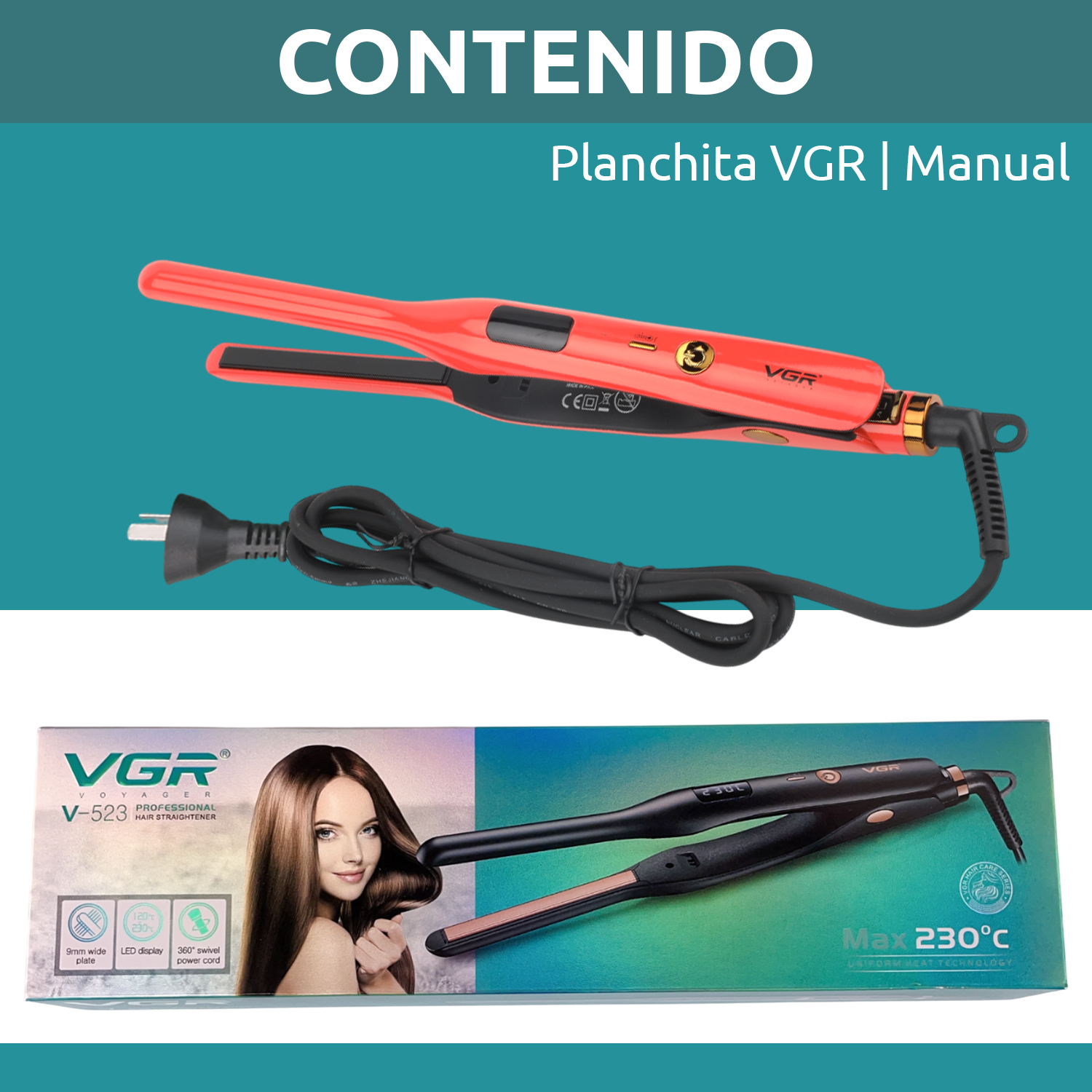 Planchita Mini Pelo Lacio Bucle Corto VGR V-523 Cerámica Color Rojo - Image 10