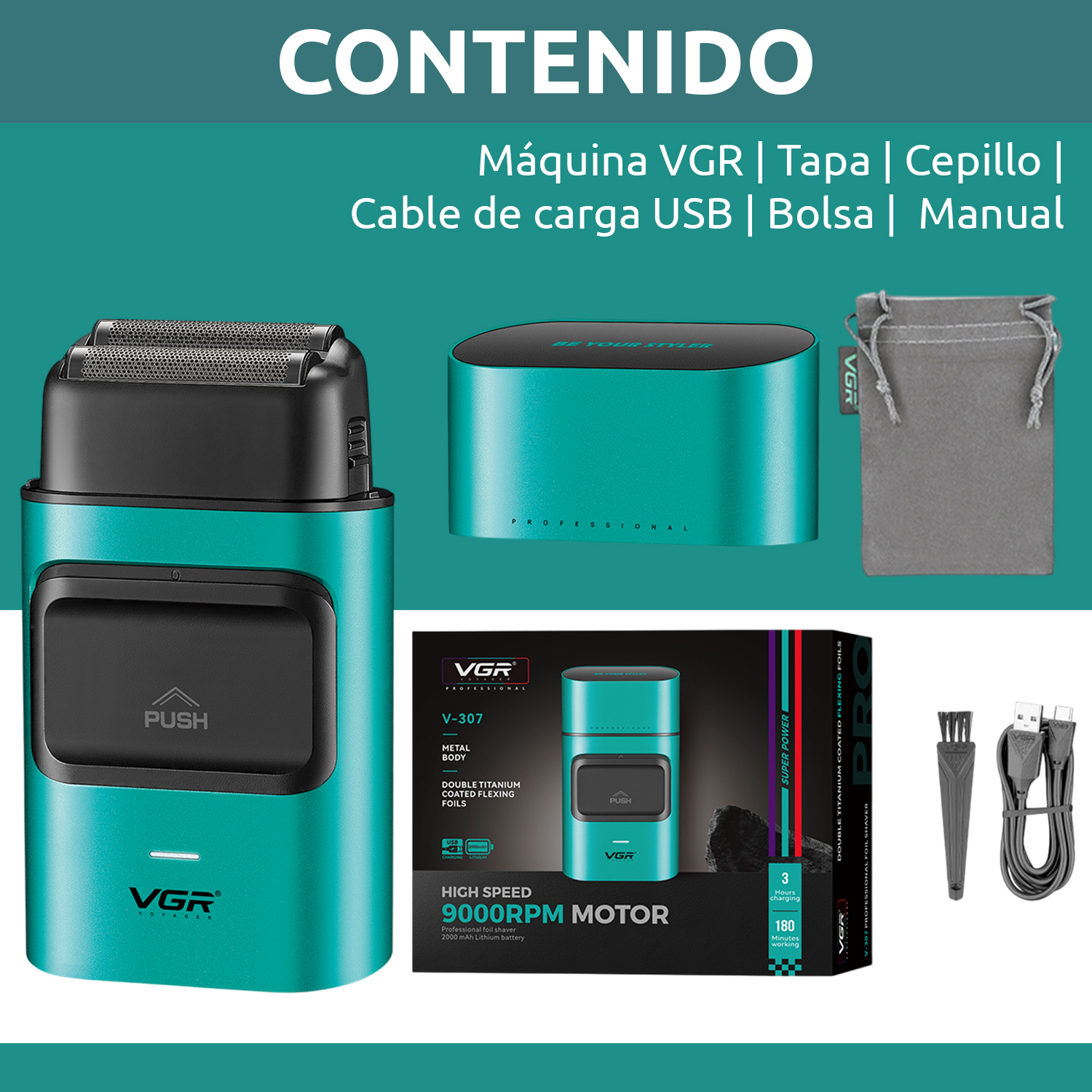 Maquina Corta Pelo Rasuradora Titanio Recargable VGR V-307 Color Verde - Image 10