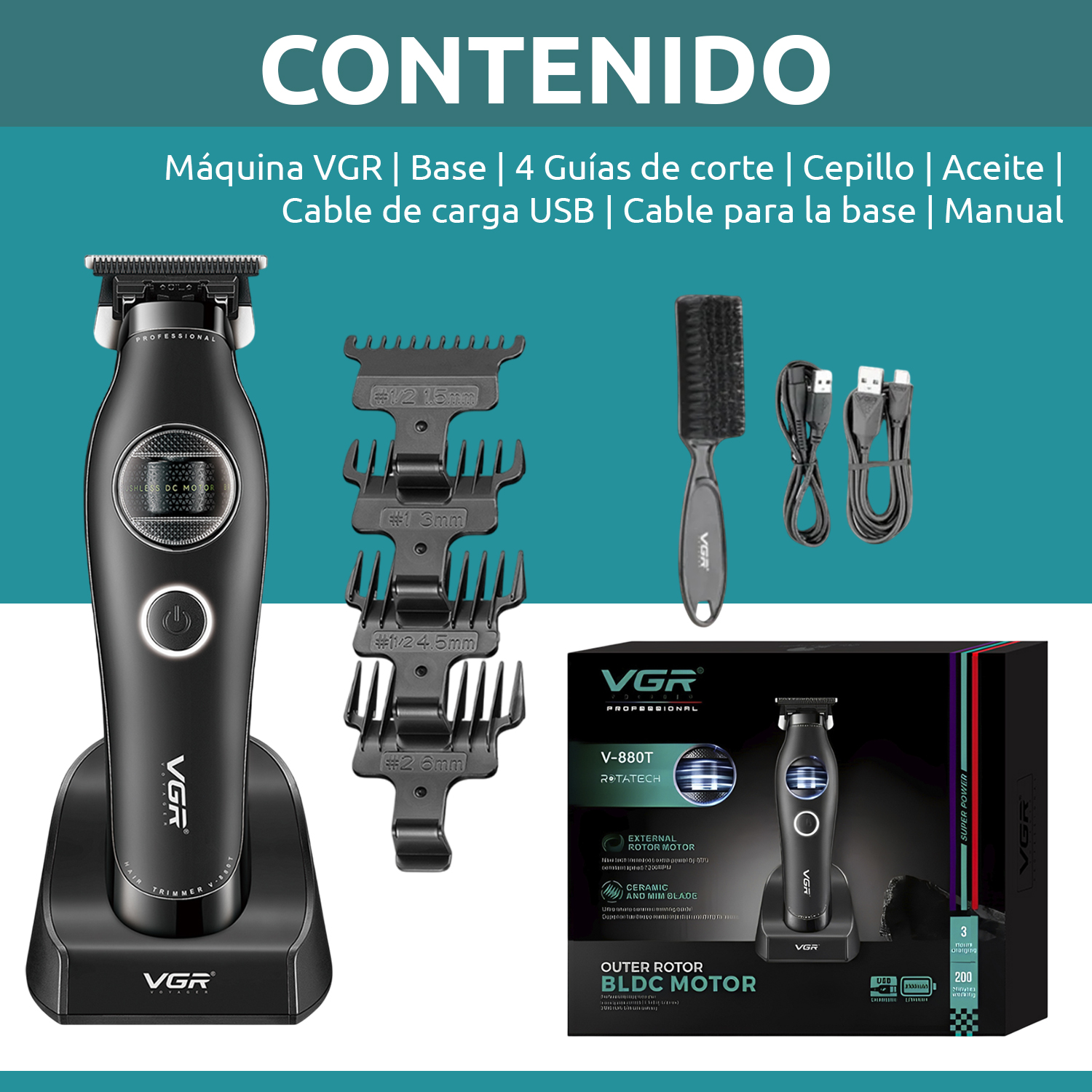 Maquina de cortar Pelo Patillera Trimmer Vgr V-880t Rotatech Bldc 7200RPM Color Negro - Image 10