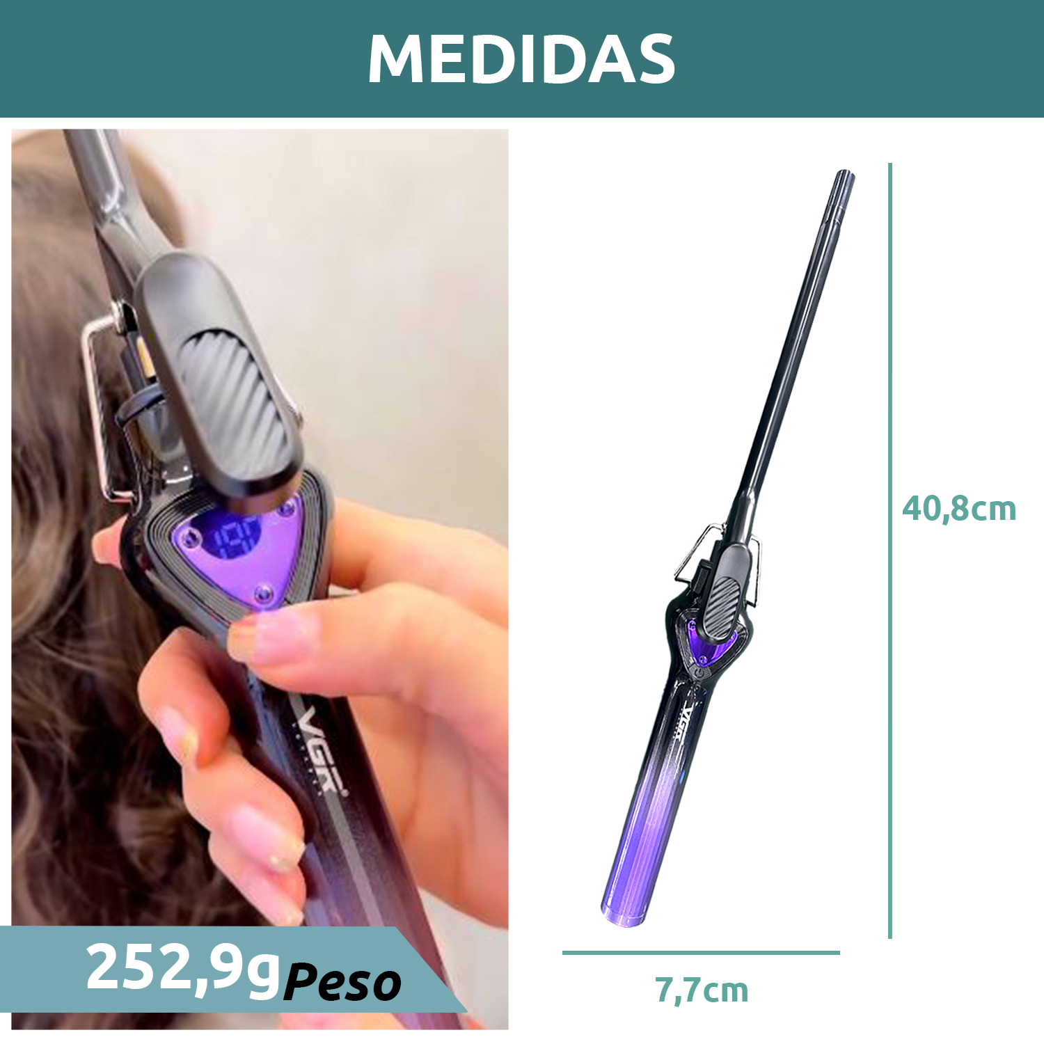 Rizador Buclera VGR V-573 Cerámica Pro 200°C 7 Niveles Led Color Violeta - Image 9