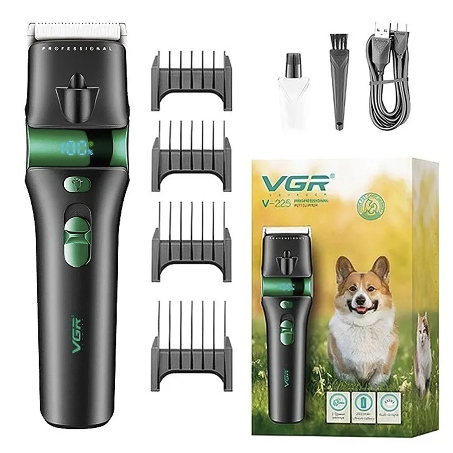 Máquina Cortar Pelo Peladora Mascotas VGR V-225 Luz 7000RPM Color Verde