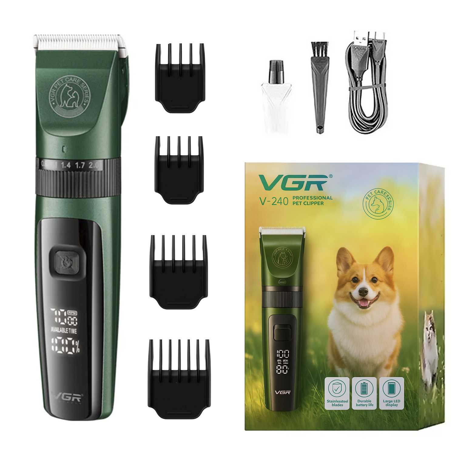 Máquina Cortar Pelo Peladora Mascota VGR V-240 7000RPM Color Verde