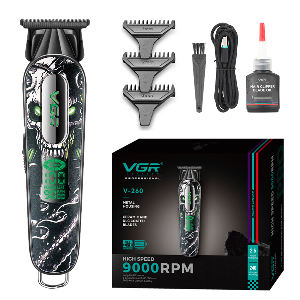 Cortadora De Pelo Patillera Pro VGR V-260 Metal Cuchilla DLC 9000RPM Color Verde