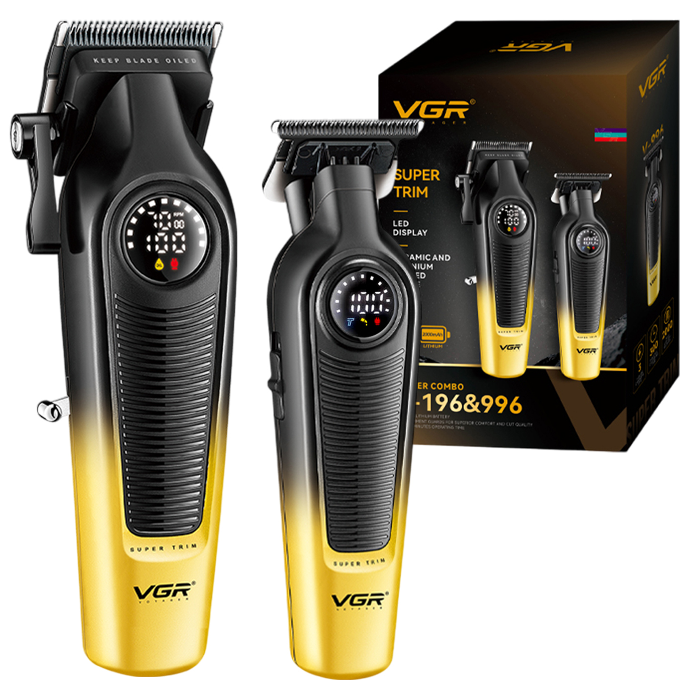 Set Máquina Cortar Pelo Clipper + Patillera Trimmer VGR V-196 y V-996 7000RPM Color Dorado