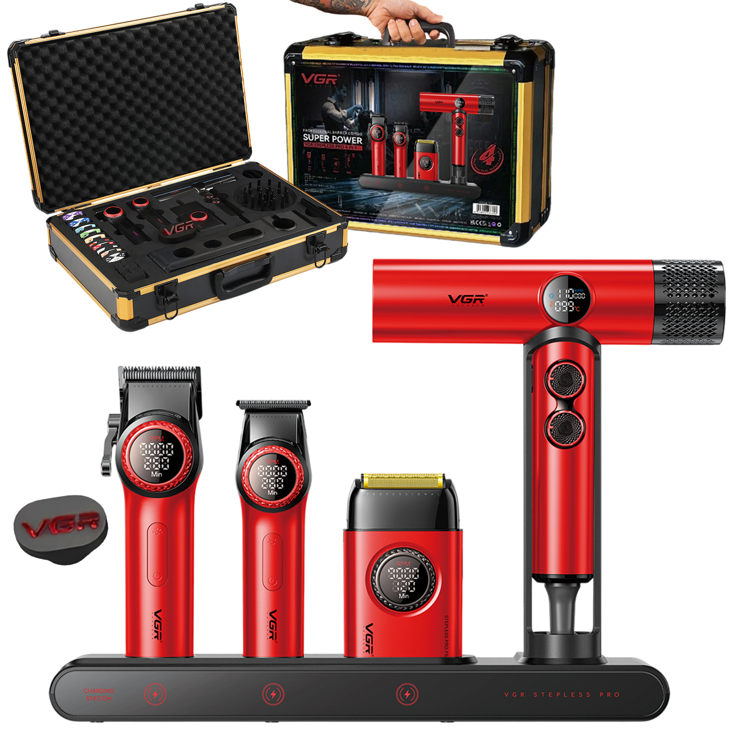 Set Premium Barbería Maletín Clipper V-001 Trimmer Shaver Secador Color Rojo