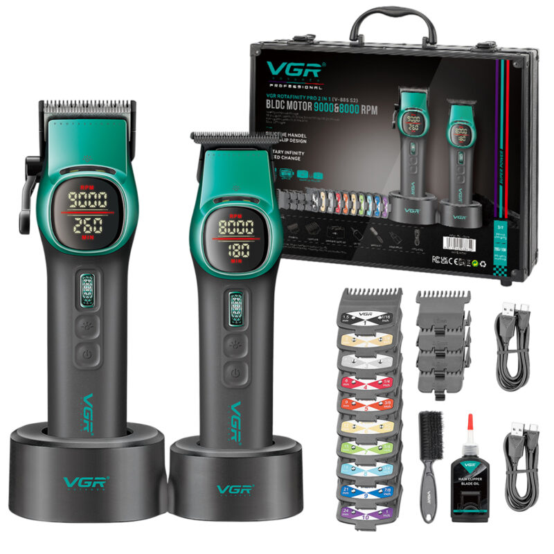 Set Profesional Maquina Cortar Pelo Clipper + Trimmer Vgr V-885 S2 Motor BLDC Color Verde