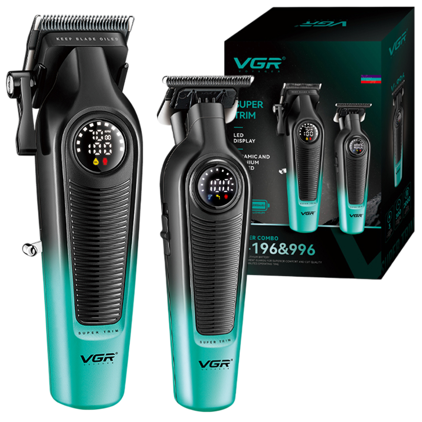 Set Máquina Cortar Pelo Clipper + Patillera Trimmer VGR V-196 y V-996 7000RPM Color verde