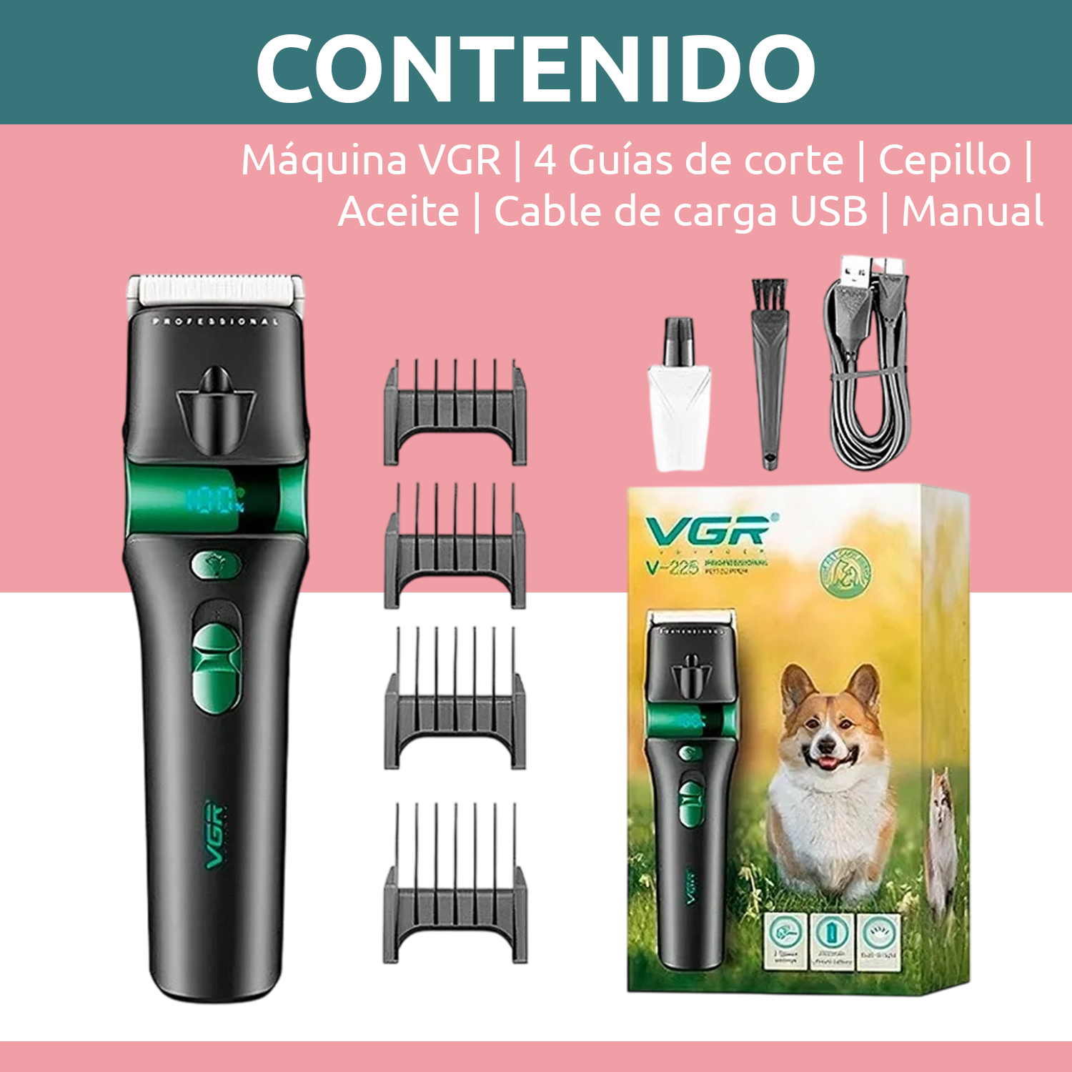 Máquina Cortar Pelo Peladora Mascotas VGR V-225 Luz 7000RPM Color Verde - Image 10