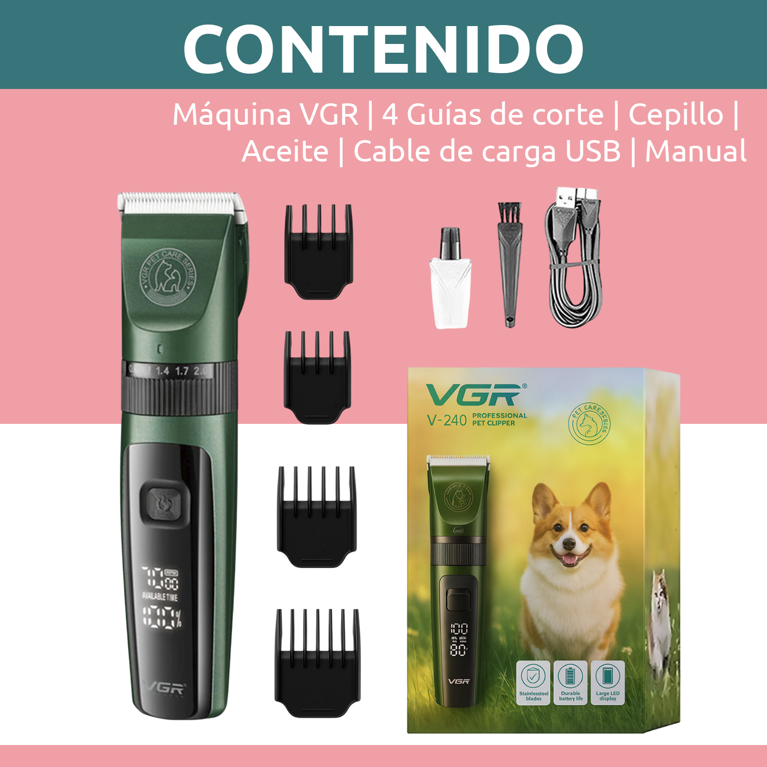 Máquina Cortar Pelo Peladora Mascota VGR V-240 7000RPM Color Verde - Image 10
