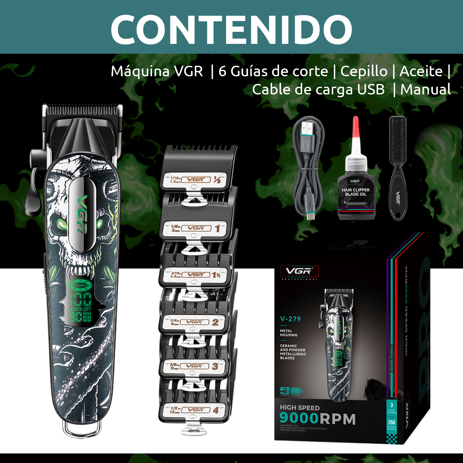 Máquina Corta Pelo Pro Clipper VGR V-279 Metal Cuchillas DLC 9000RPM Color verde - Image 10