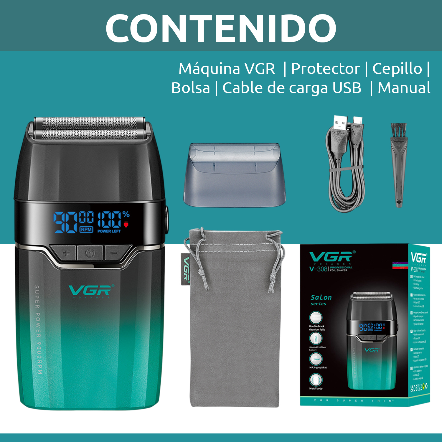 Afeitadora Eléctrica Hombre Barba VGR V-308 Turbo 9000RPM Color Verde - Image 10