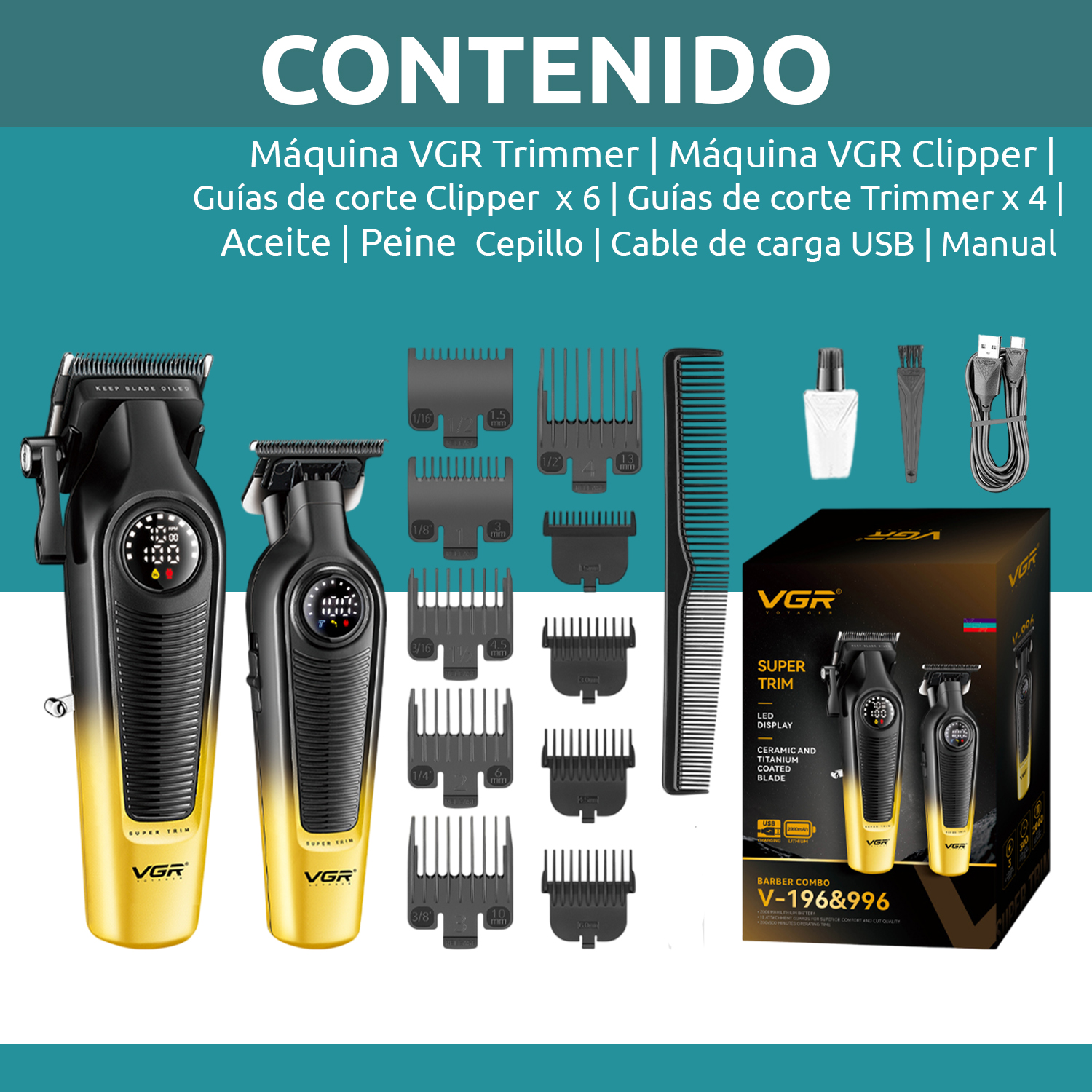Set Máquina Cortar Pelo Clipper + Patillera Trimmer VGR V-196 y V-996 7000RPM Color Dorado - Image 10