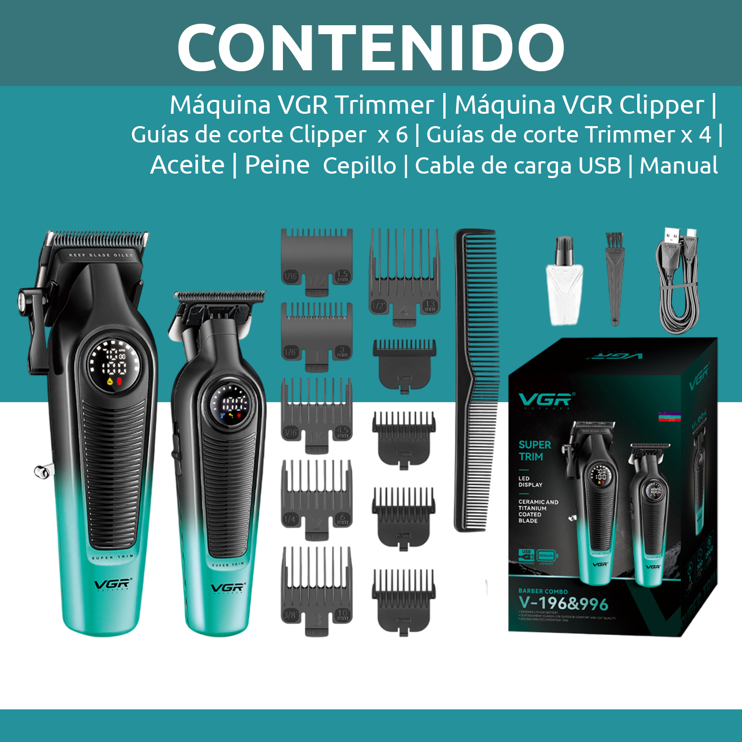 Set Máquina Cortar Pelo Clipper + Patillera Trimmer VGR V-196 y V-996 7000RPM Color verde - Image 10