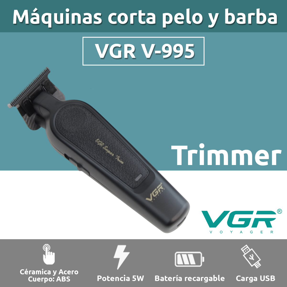 Cortadora De Pelo Patillera Trimmer VGR V-995 Usb 7000RPM T-blade Color Negro - Image 2