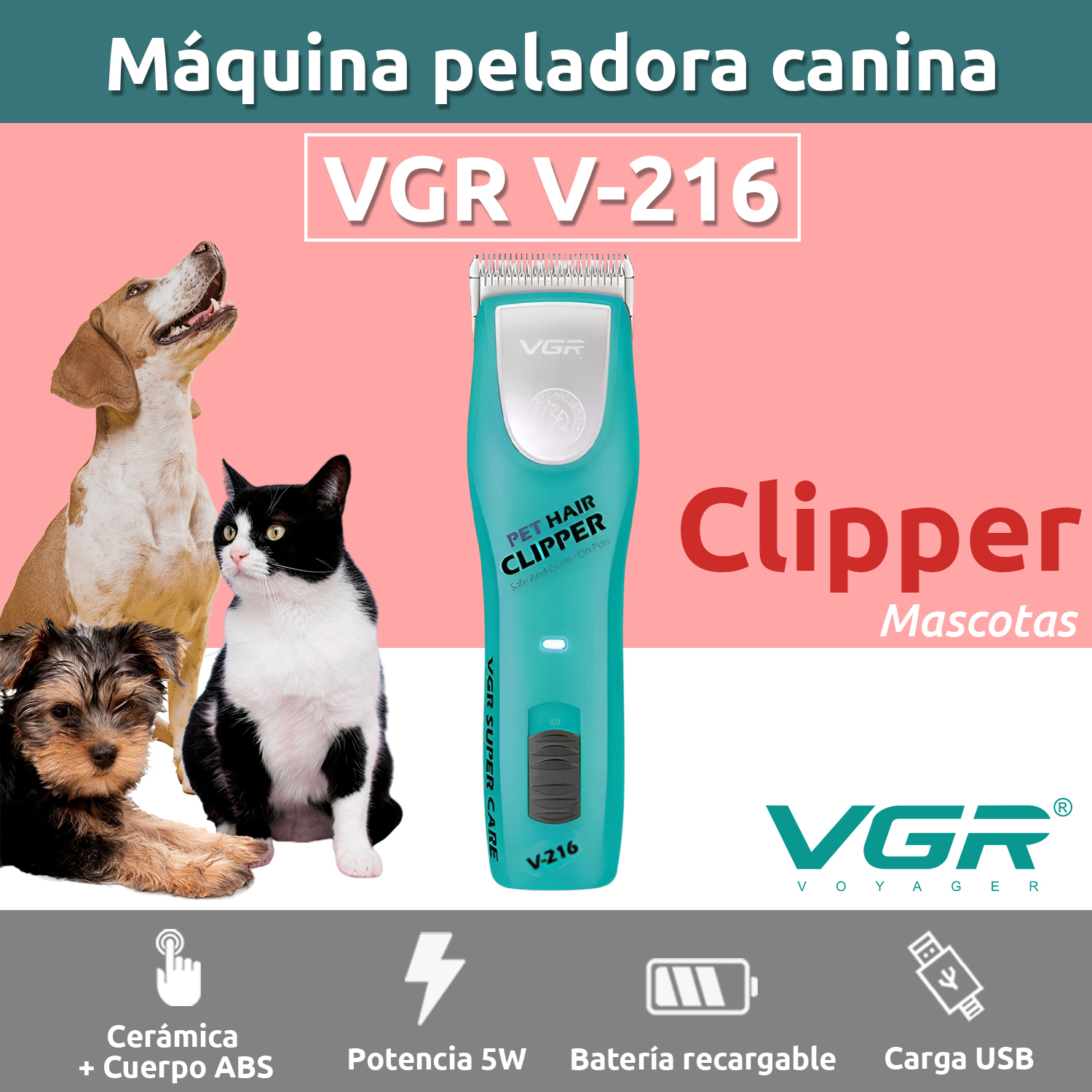 Peladora Corta Pelo Canina Inalámbrica VGR V-216 Mascotas Perro Gato - Image 2