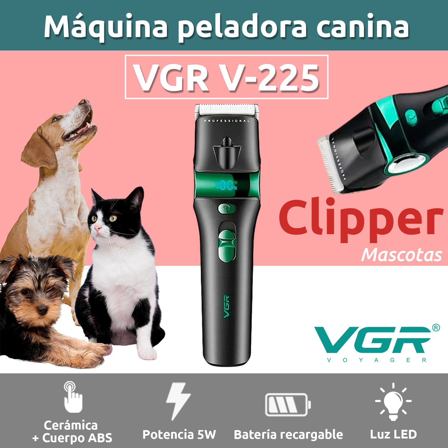 Máquina Cortar Pelo Peladora Mascotas VGR V-225 Luz 7000RPM Color Verde - Image 2