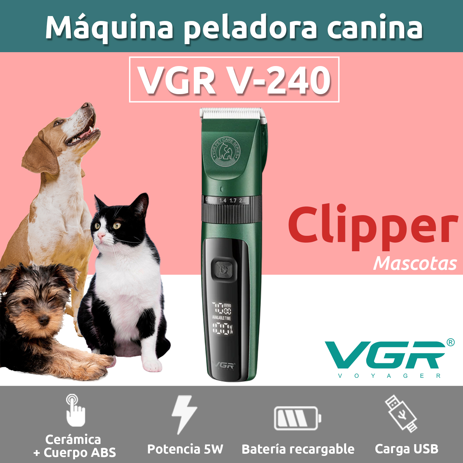 Máquina Cortar Pelo Peladora Mascota VGR V-240 7000RPM Color Verde - Image 2