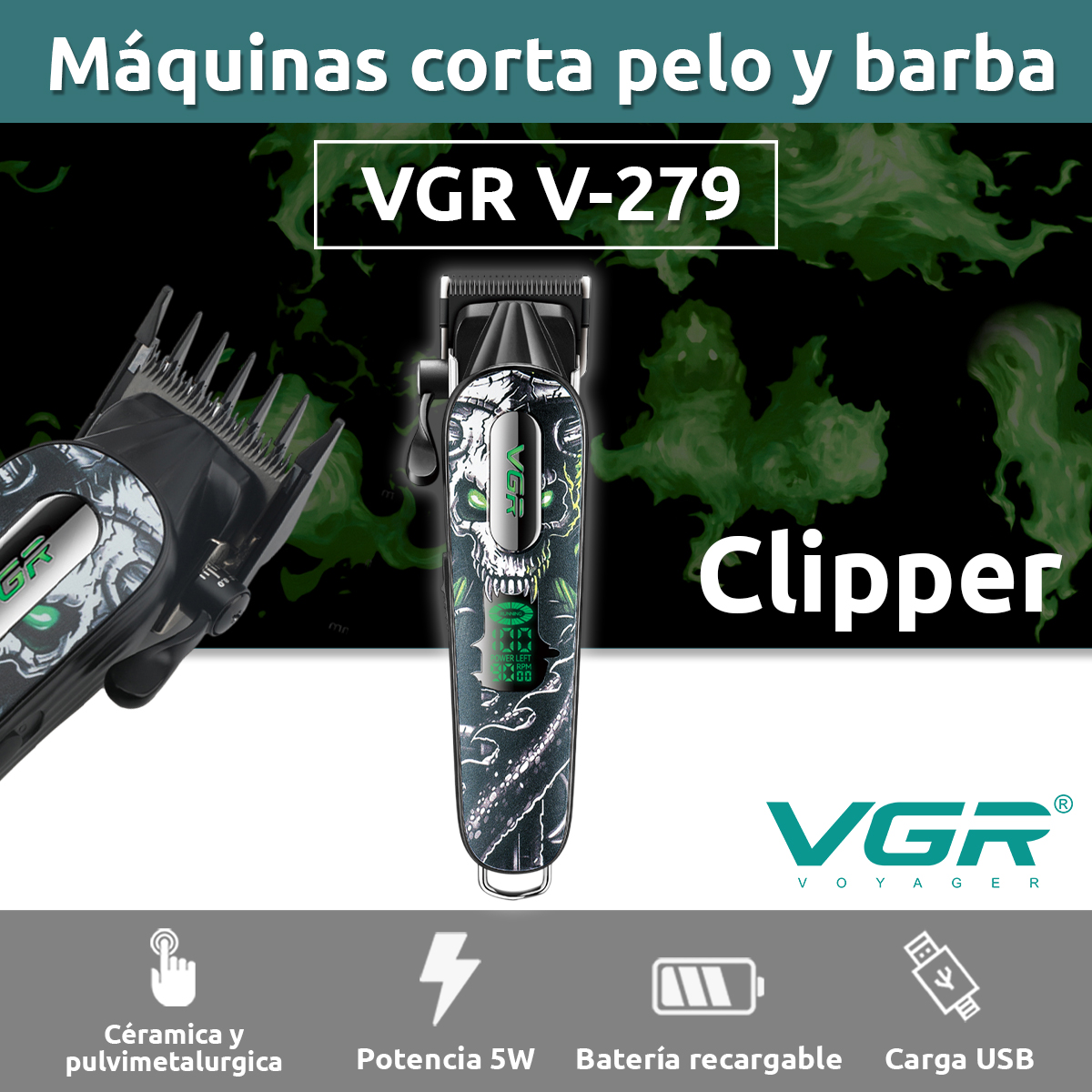 Máquina Corta Pelo Pro Clipper VGR V-279 Metal Cuchillas DLC 9000RPM Color verde - Image 2