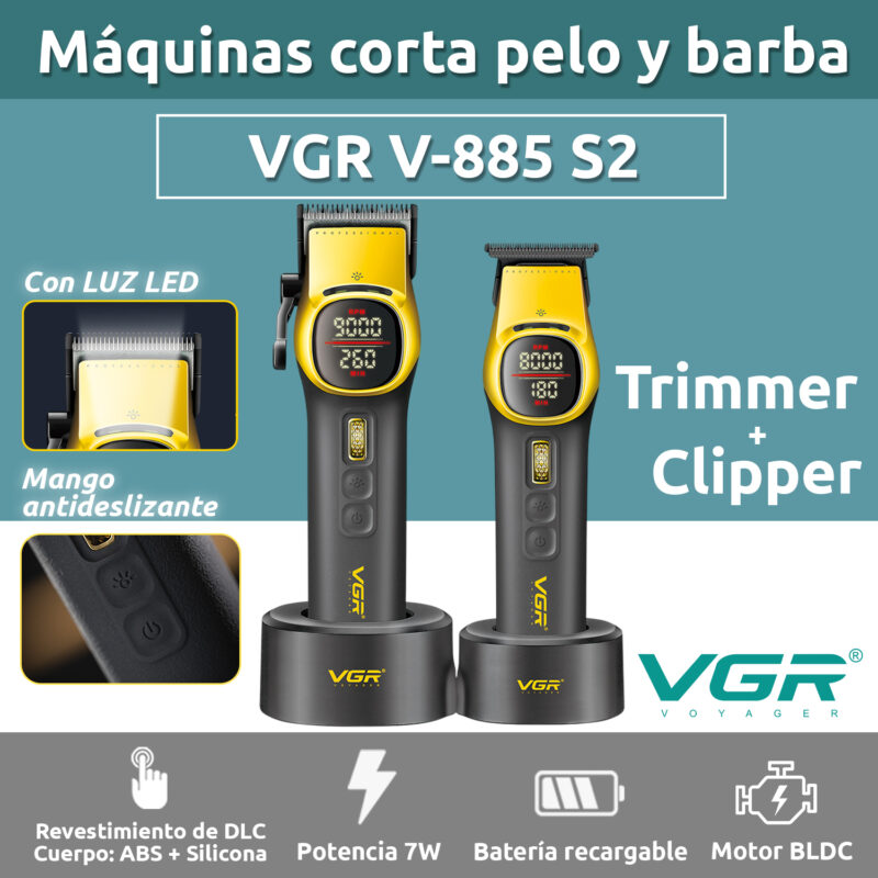 Alternative view of Set Profesional Maquina Cortar Pelo Clipper + Trimmer Vgr V-885 S2 Motor BLDC Color Dorado