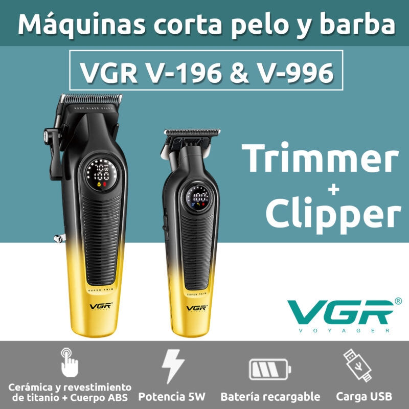 Alternative view of Set Máquina Cortar Pelo Clipper + Patillera Trimmer VGR V-196 y V-996 7000RPM Color Dorado