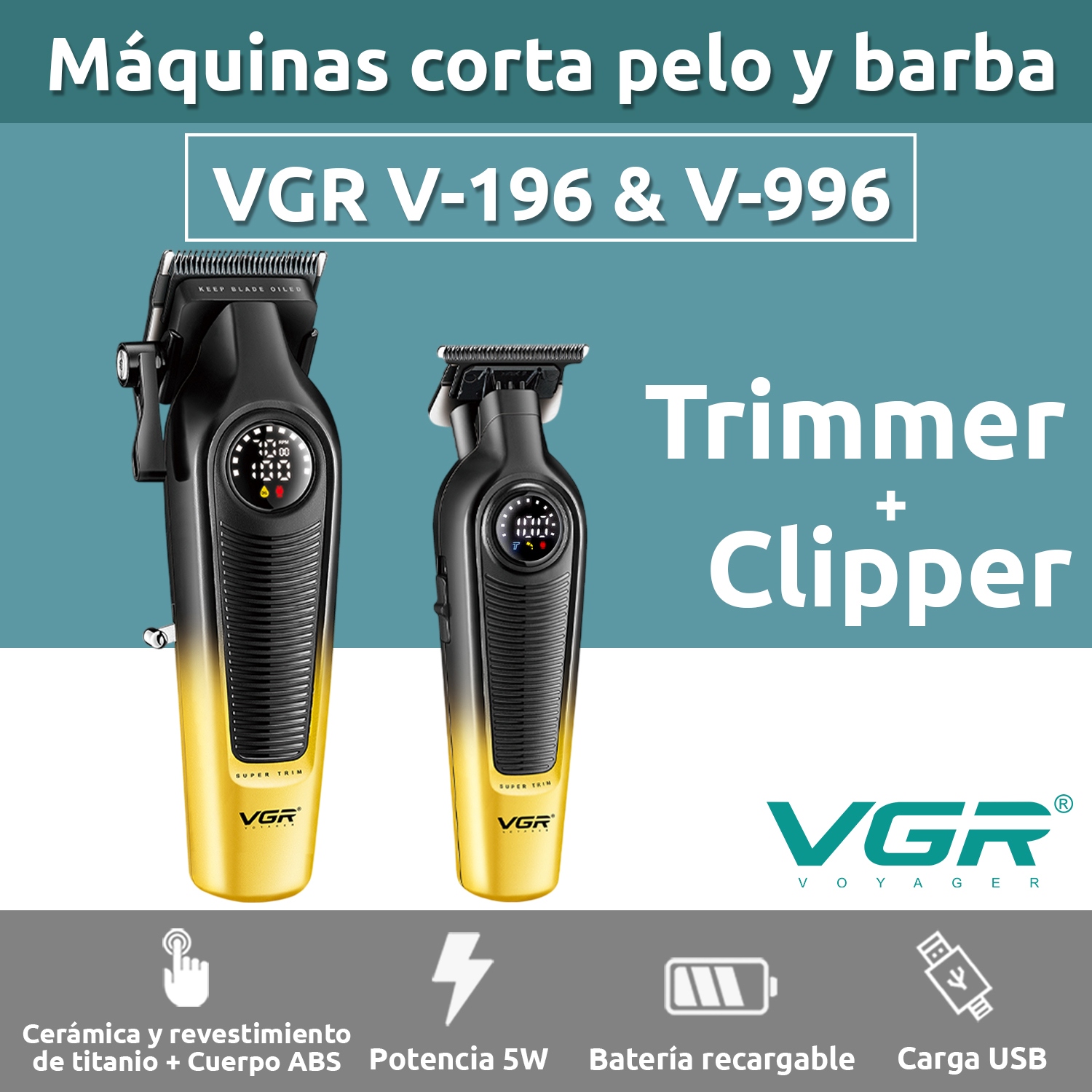 Set Máquina Cortar Pelo Clipper + Patillera Trimmer VGR V-196 y V-996 7000RPM Color Dorado - Image 2