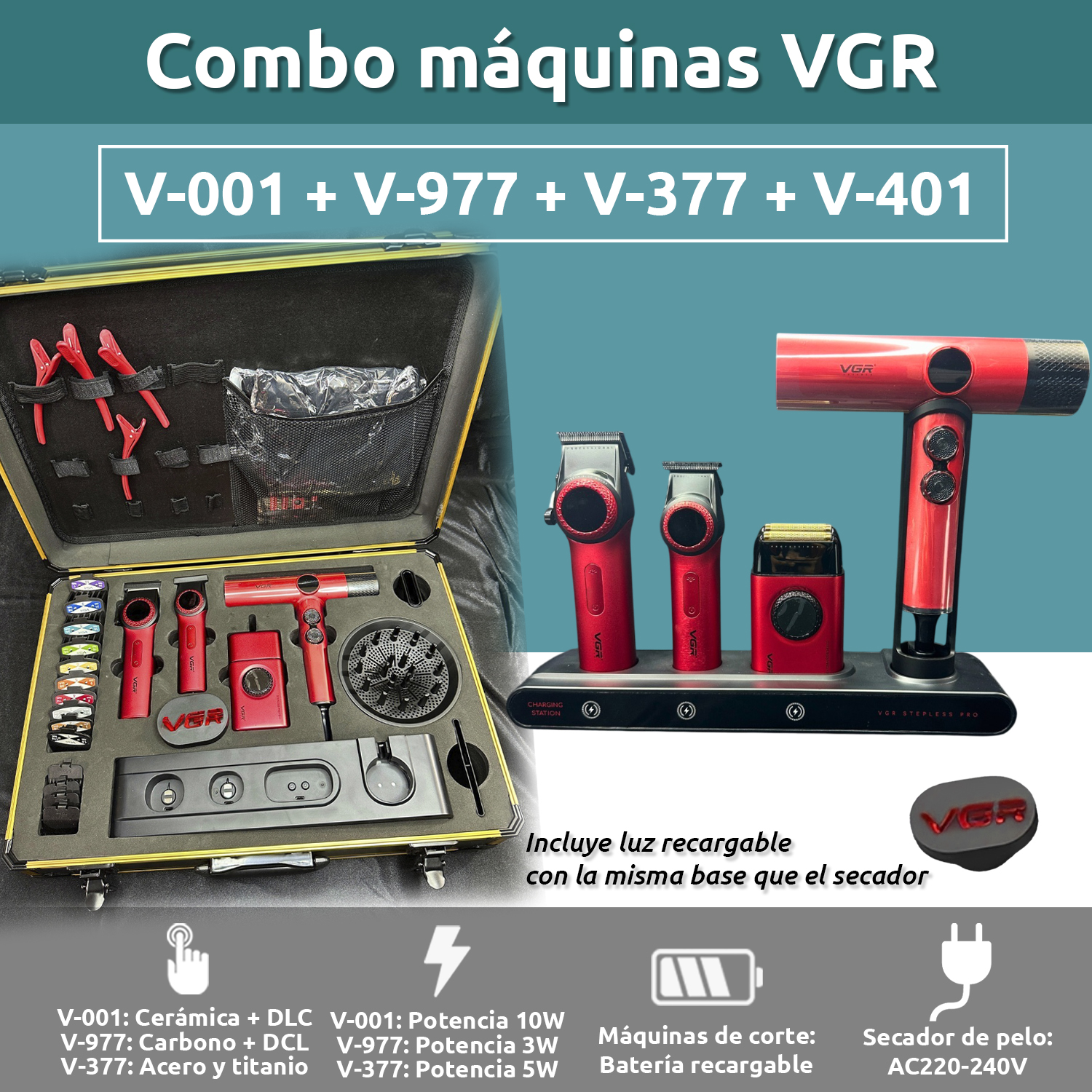 Set Premium Barbería Maletín Clipper V-001 Trimmer Shaver Secador Color Rojo - Image 2