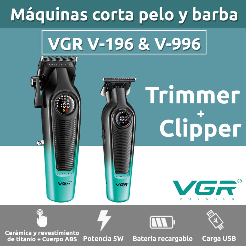 Alternative view of Set Máquina Cortar Pelo Clipper + Patillera Trimmer VGR V-196 y V-996 7000RPM Color verde
