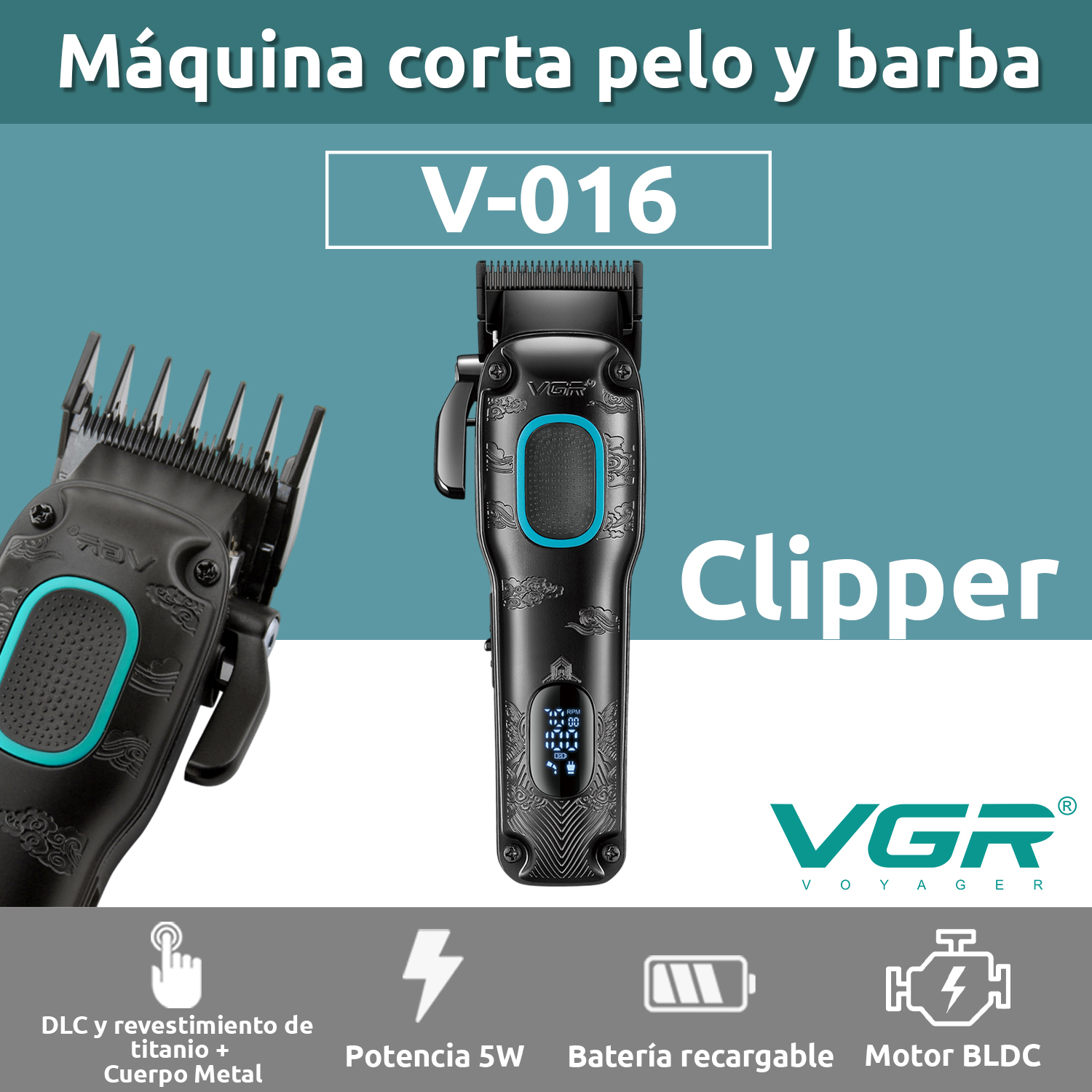 Maquina Cortar Pelo VGR V-016 Profesional Bldc 7000RPM Metal 8W Color Negro Y Verde - Image 2