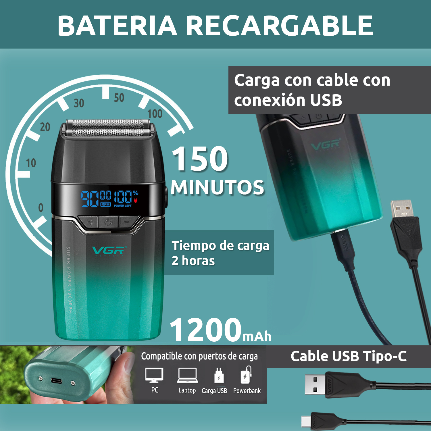 Afeitadora Eléctrica Hombre Barba VGR V-308 Turbo 9000RPM Color Verde - Image 4