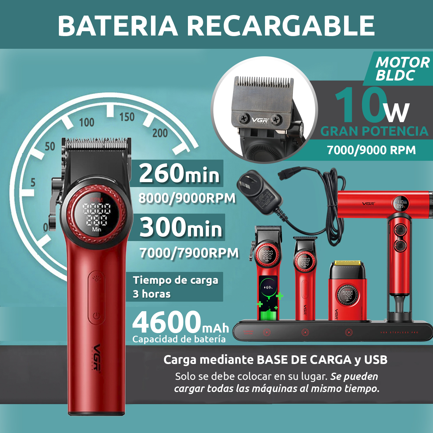 Set Premium Barbería Maletín Clipper V-001 Trimmer Shaver Secador Color Rojo - Image 3