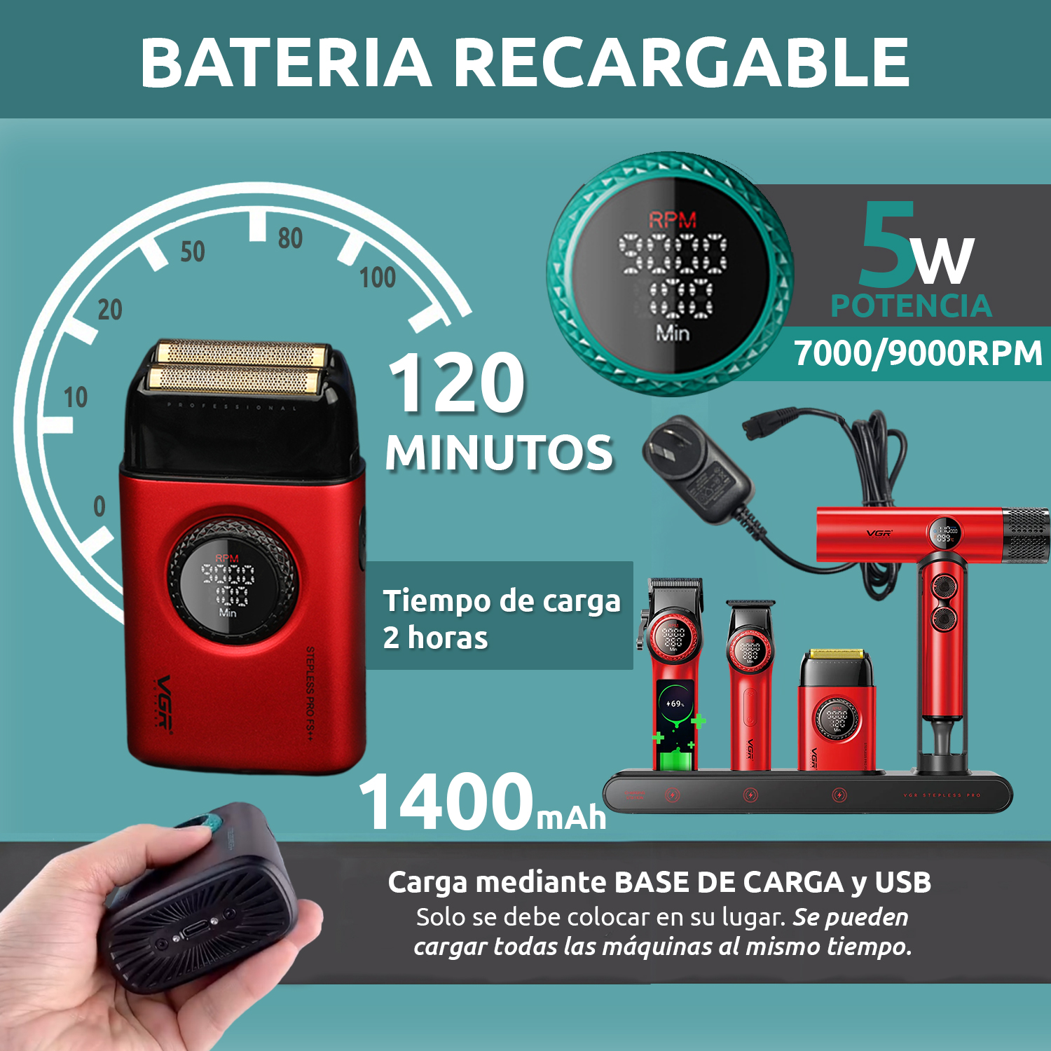 Set Premium Barbería Maletín Clipper V-001 Trimmer Shaver Secador Color Rojo - Image 5