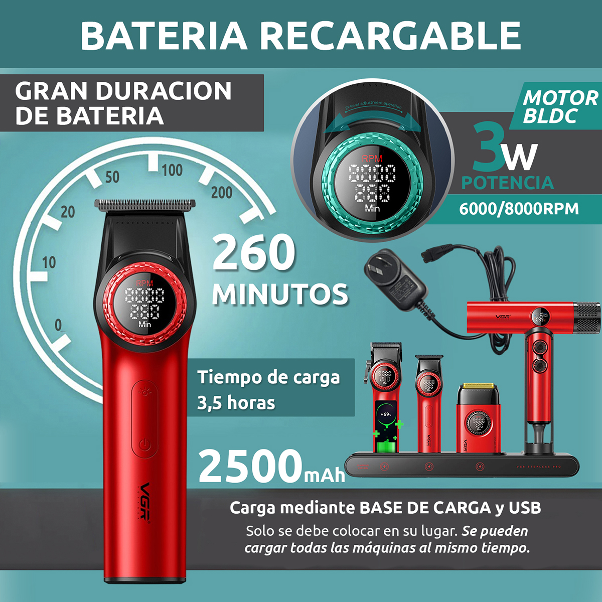 Set Premium Barbería Maletín Clipper V-001 Trimmer Shaver Secador Color Rojo - Image 4