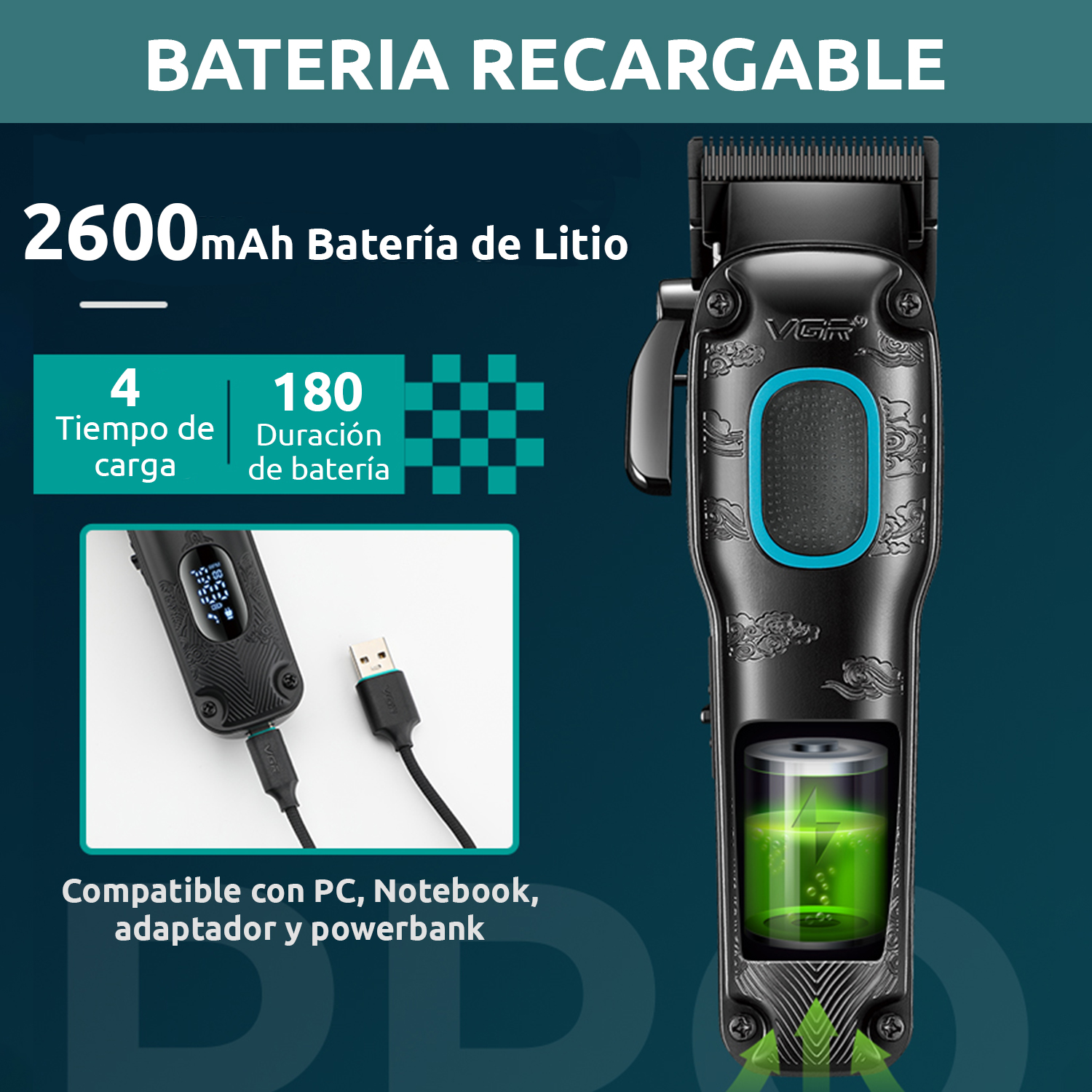 Maquina Cortar Pelo VGR V-016 Profesional Bldc 7000RPM Metal 8W Color Negro Y Verde - Image 4