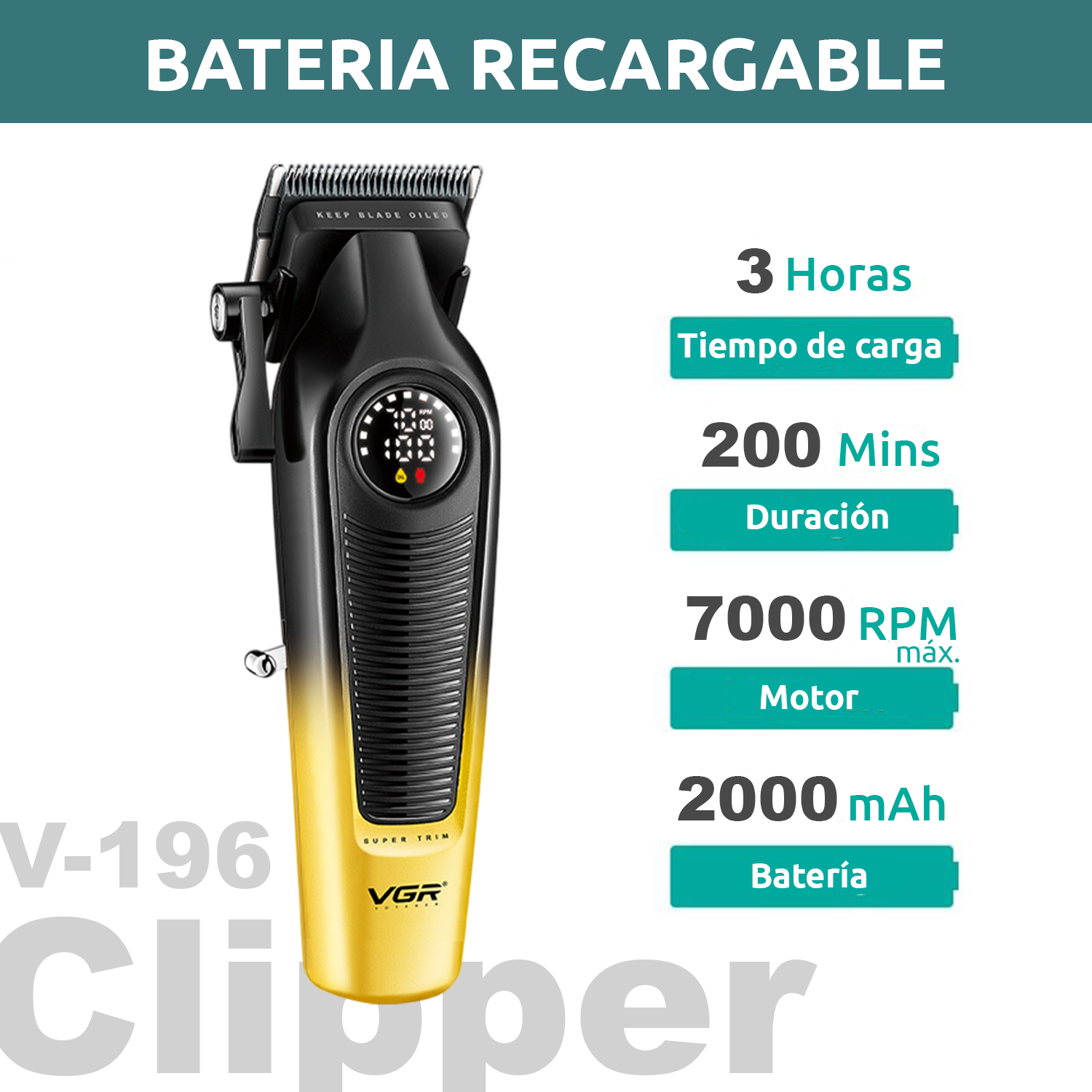 Set Máquina Cortar Pelo Clipper + Patillera Trimmer VGR V-196 y V-996 7000RPM Color Dorado - Image 4