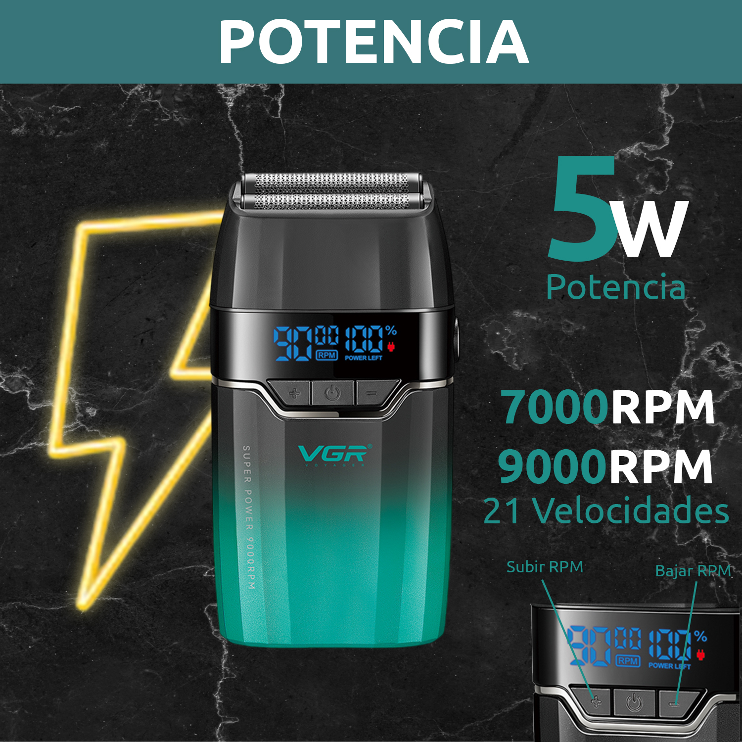 Afeitadora Eléctrica Hombre Barba VGR V-308 Turbo 9000RPM Color Verde - Image 3