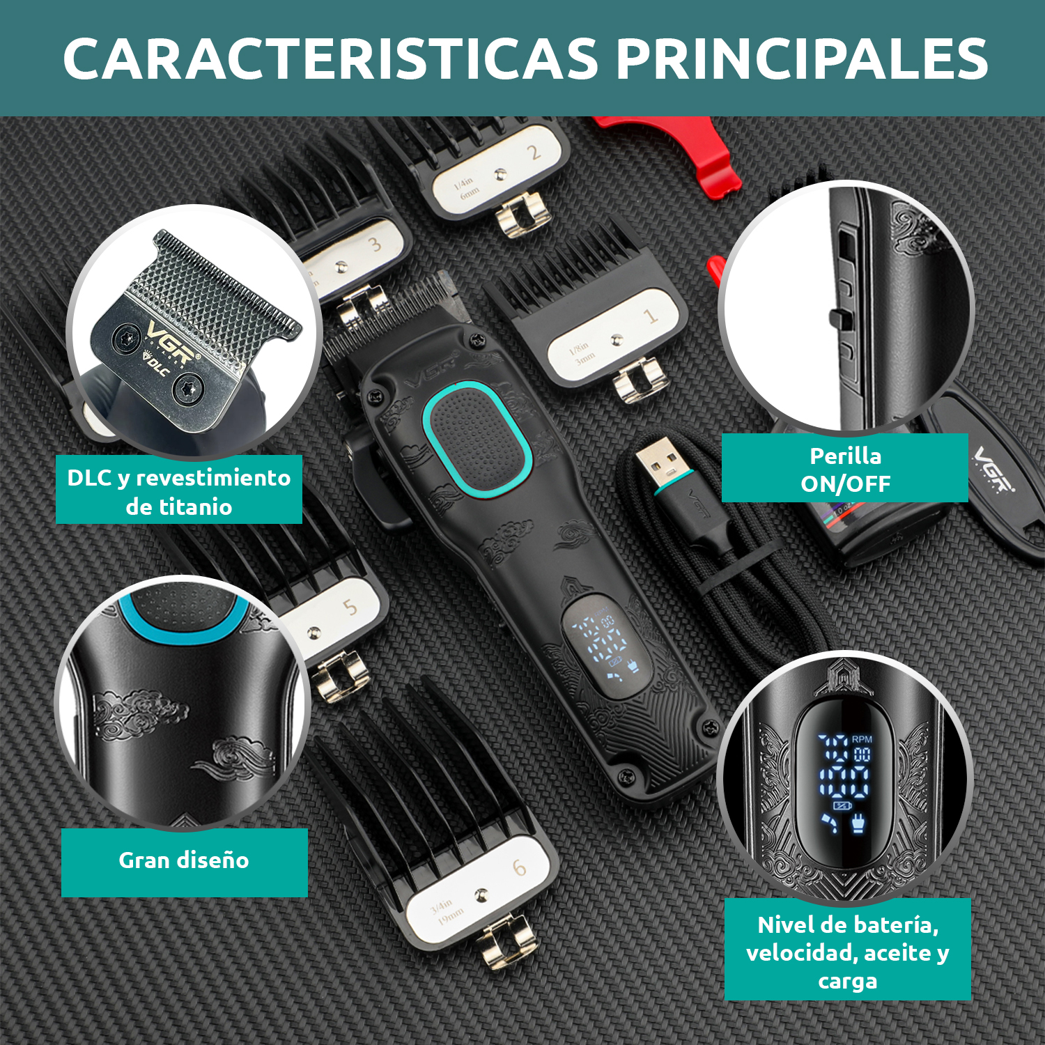 Maquina Cortar Pelo VGR V-016 Profesional Bldc 7000RPM Metal 8W Color Negro Y Verde - Image 6