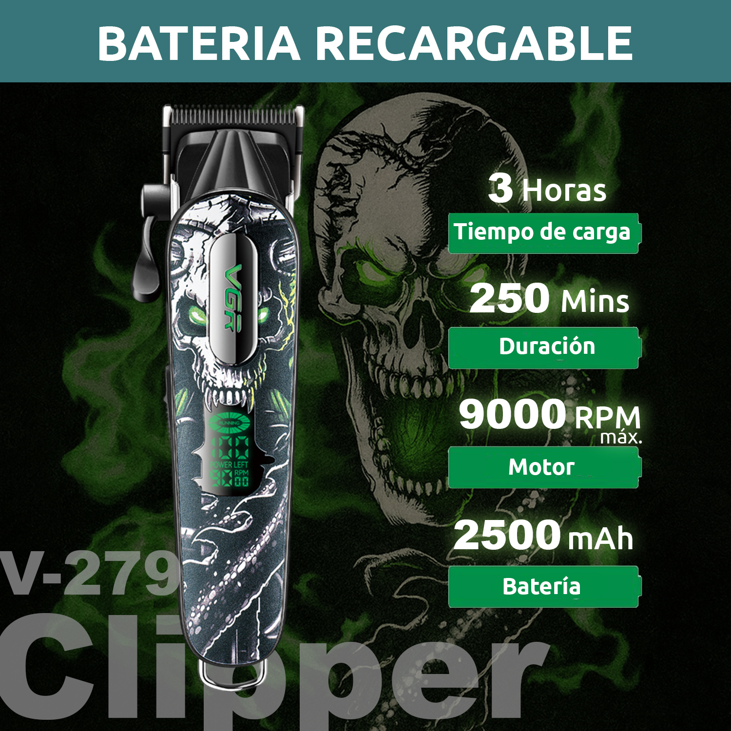 Máquina Corta Pelo Pro Clipper VGR V-279 Metal Cuchillas DLC 9000RPM Color verde - Image 5