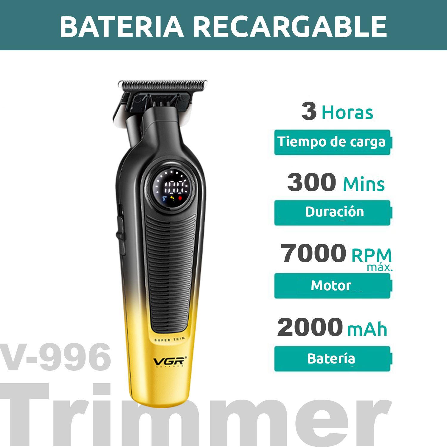 Set Máquina Cortar Pelo Clipper + Patillera Trimmer VGR V-196 y V-996 7000RPM Color Dorado - Image 5