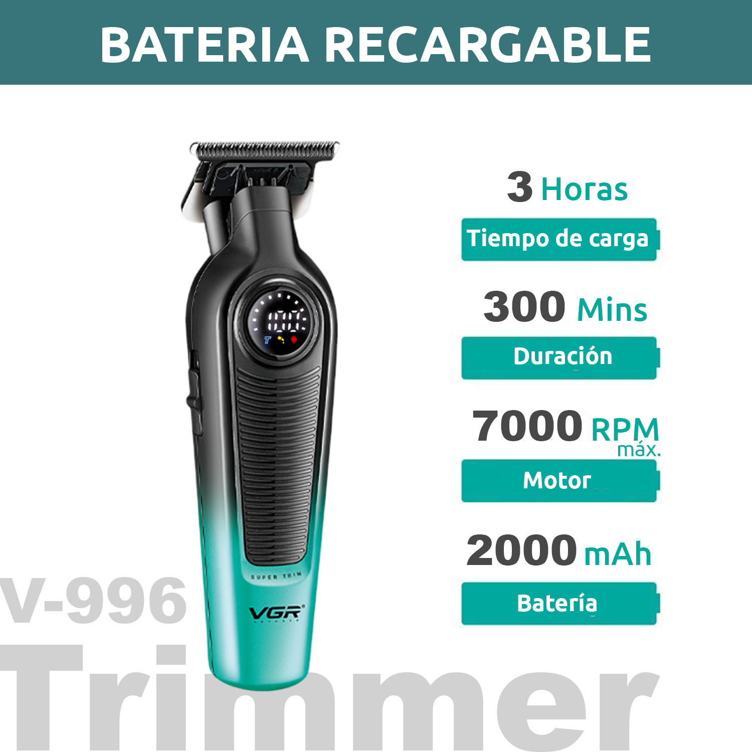 Set Máquina Cortar Pelo Clipper + Patillera Trimmer VGR V-196 y V-996 7000RPM Color verde - Image 4