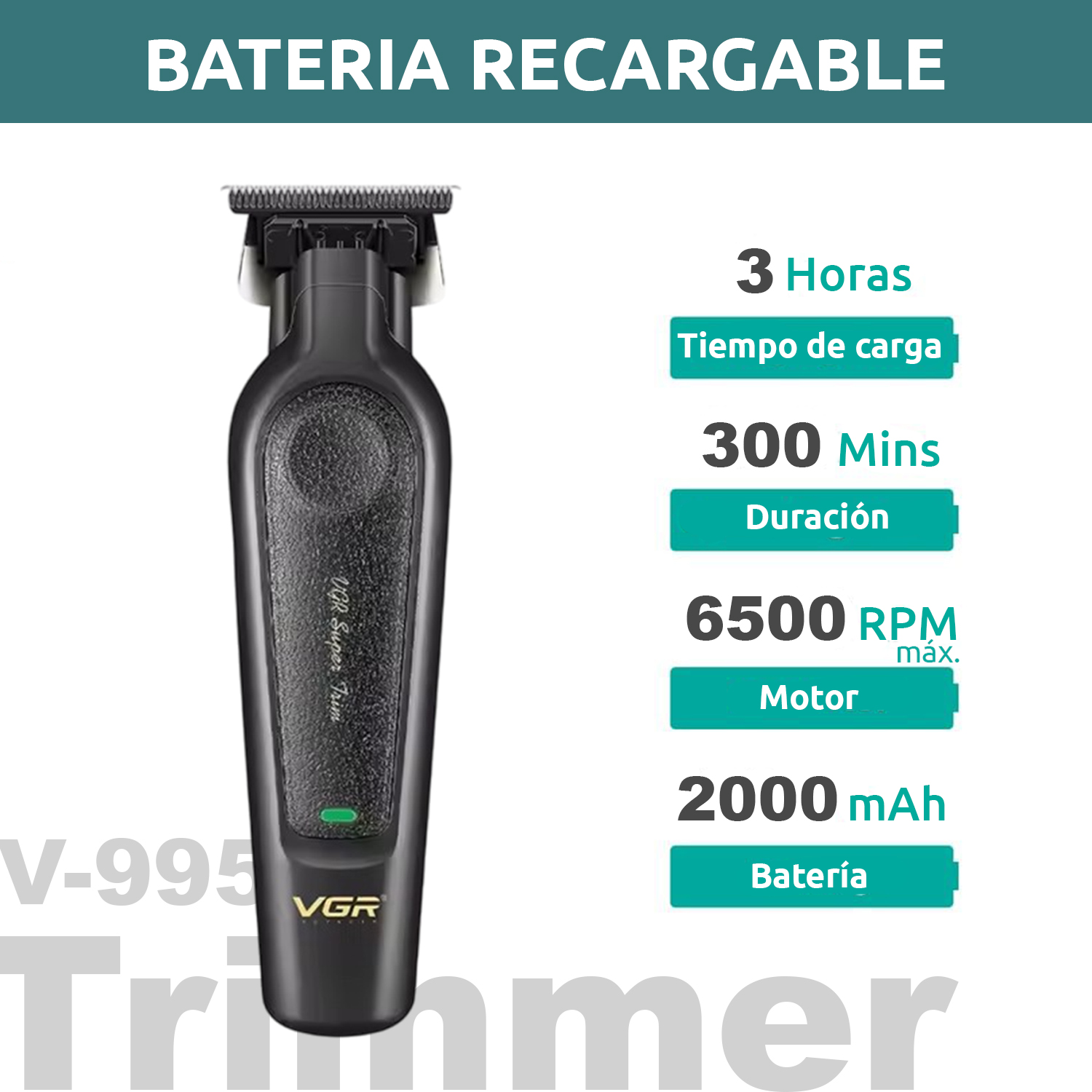 Maquina Corta Pelo Barba Trimmer Vgr V-197 y V-995 Inalámbrica Usb Color Negro - Image 5