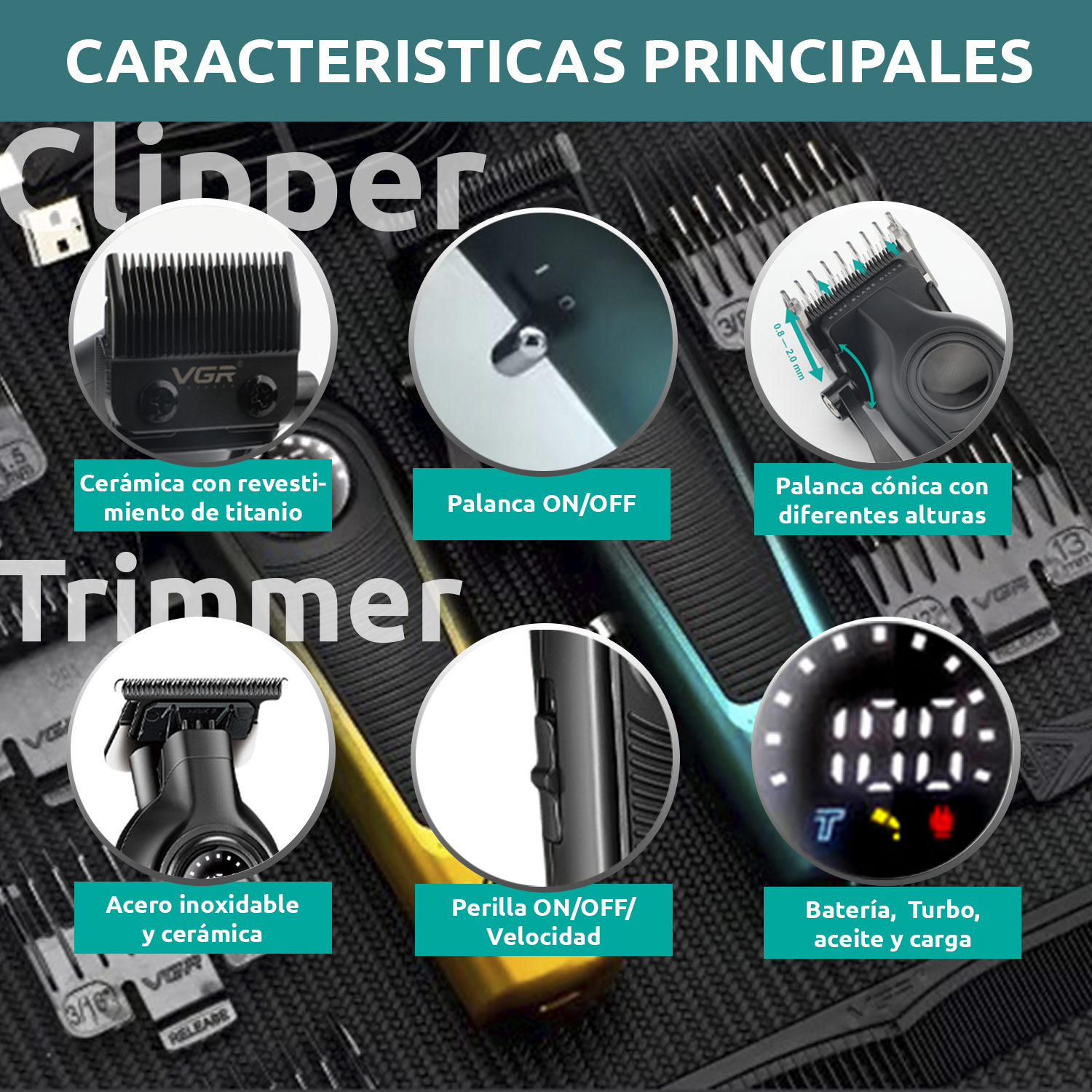 Set Máquina Cortar Pelo Clipper + Patillera Trimmer VGR V-196 y V-996 7000RPM Color verde - Image 7